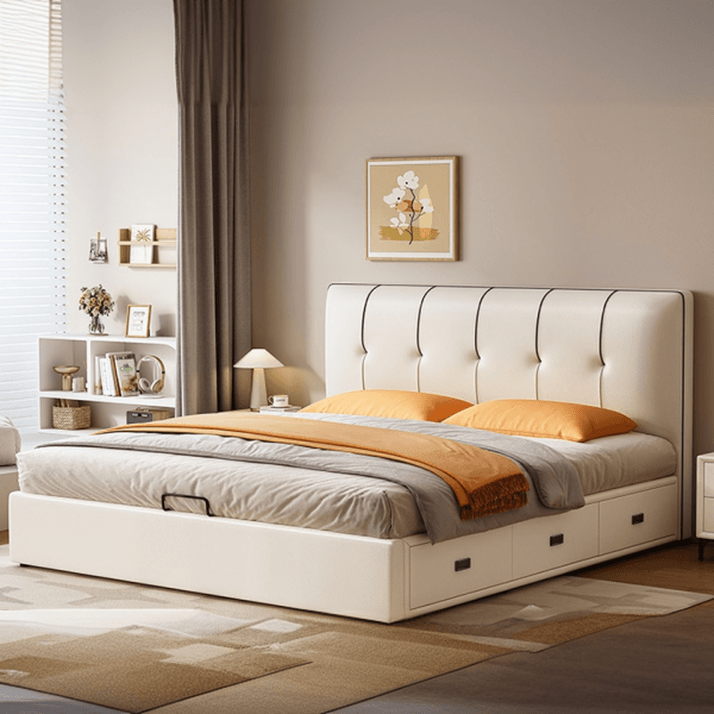 Cream Solid Color Storage Included Bed with 3 Storage Boxes for Bedroom