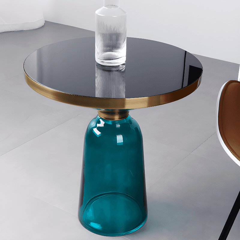 Simplistic Single Side Table with Hardened Glass and Plinth Base, Rounded Top