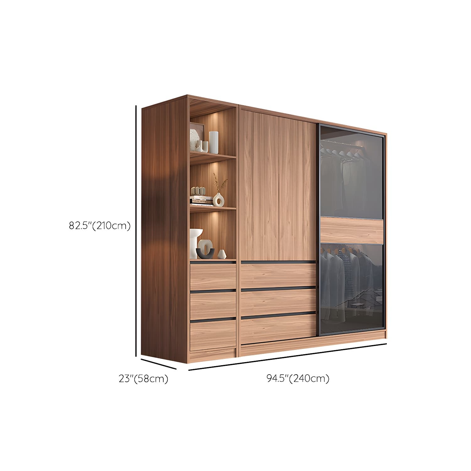 Glass and Wood Wardrobe Cabinet Brown Wardrobe Armoire with Garment Rod - image 25