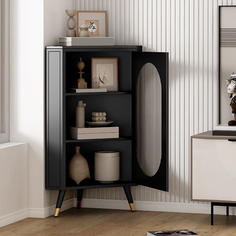 Modern Corner Accent Cabinet with Glass Doors and Iron Base (Easy Assembly)
