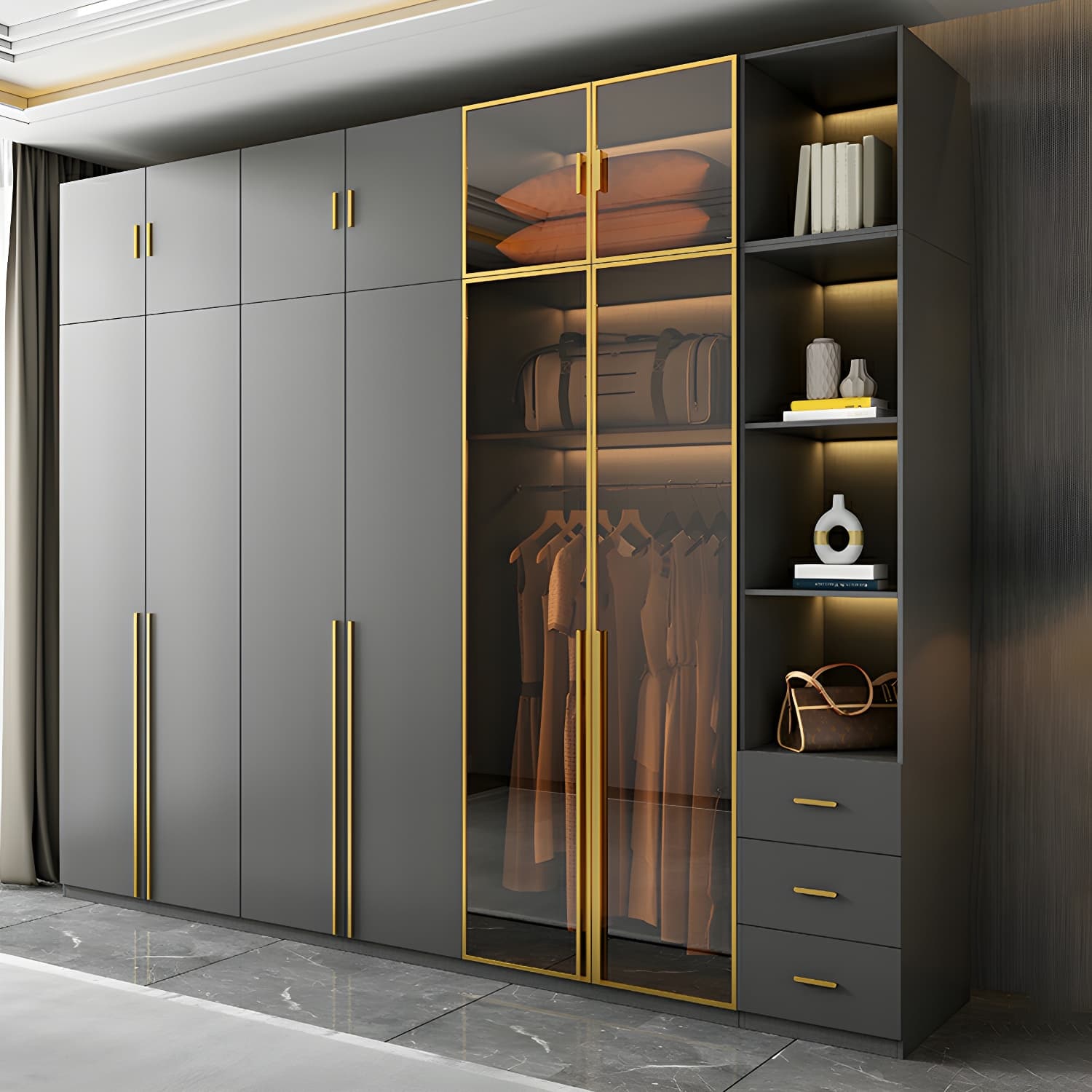 Modern Black Wood Wardrobe Armoire with Soft-Close Drawers & Clothing Rod