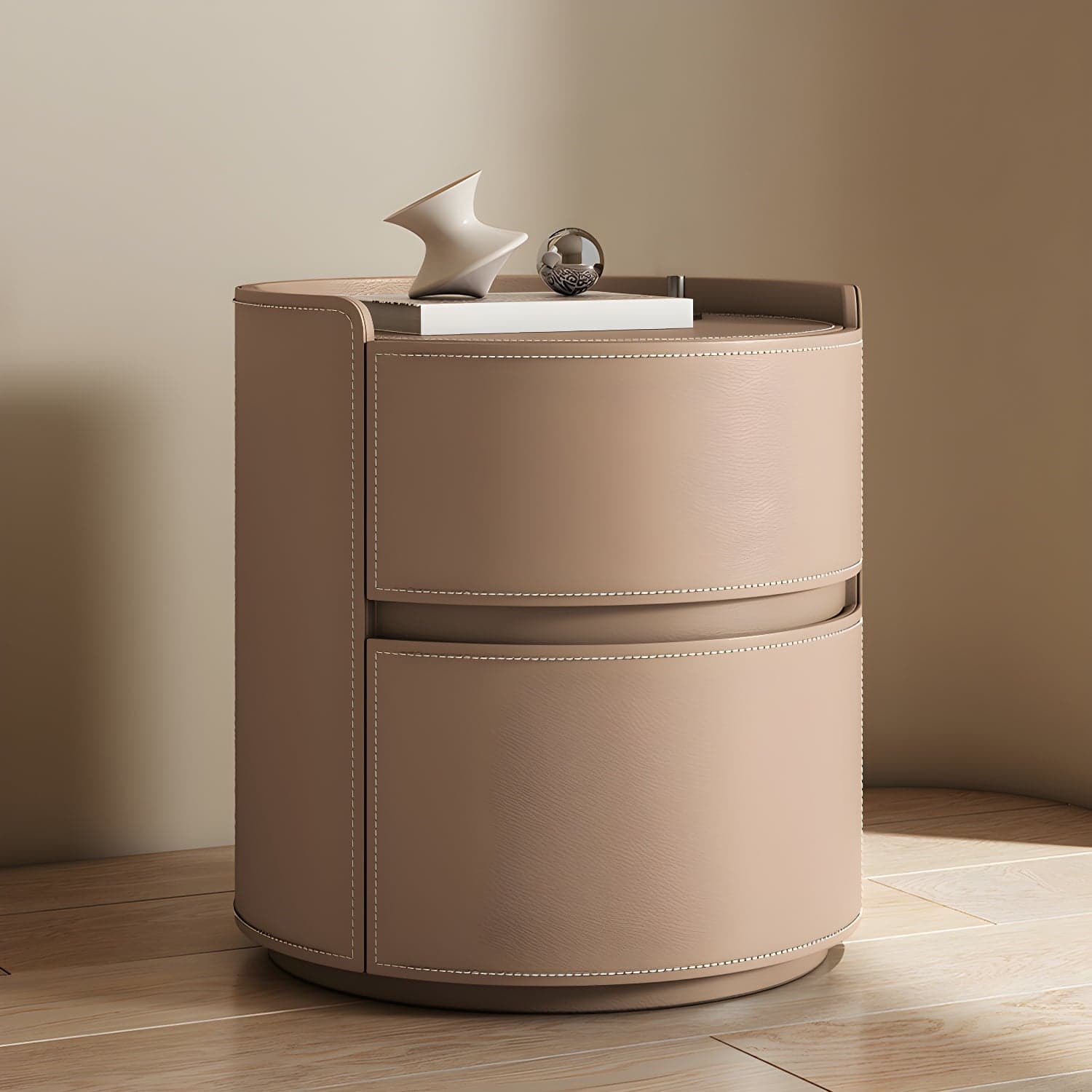 Modern Faux Leather Nightstand with 2 Drawers in Light Wood Tone - image 5