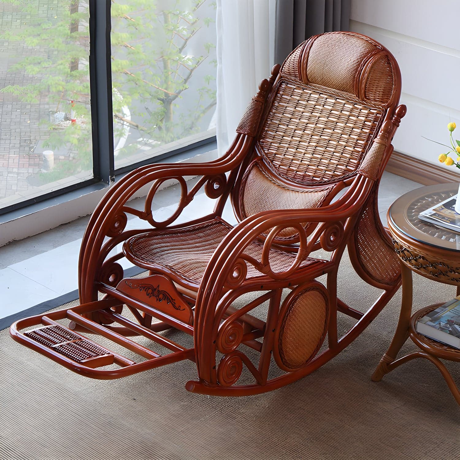 Traditional Rocking Chair Rattan Solid Color Spindle Backrest Indoor Rocking Chair - image 3