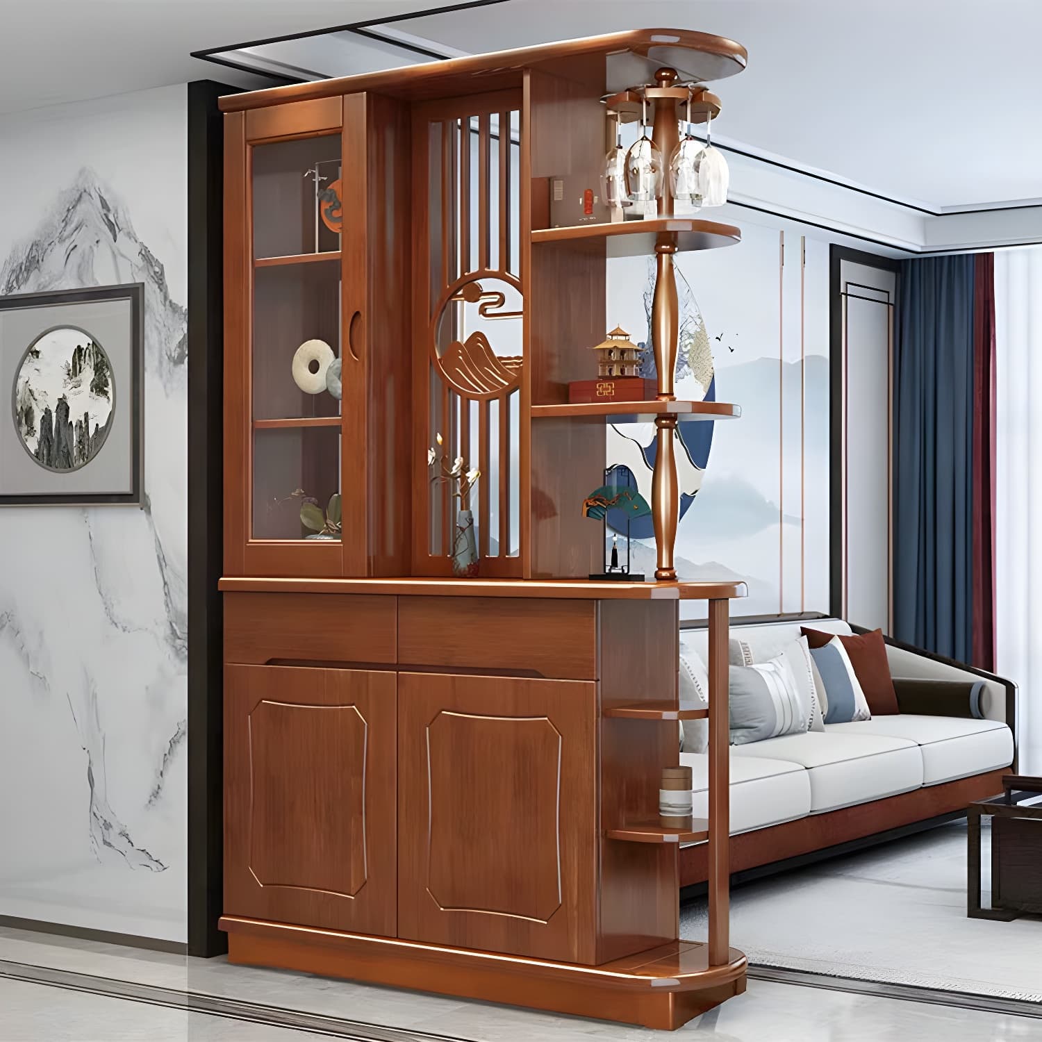 Mid-Century Modern Solid Wood Rectangle Accent Cabinet Glass Paned with Shelves - image 8