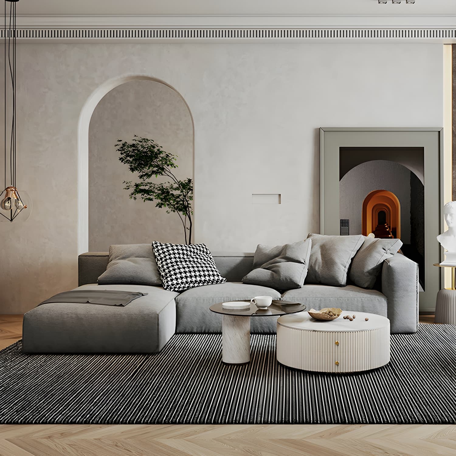 Modern Gray Chenille Stationary Sectional Sofa with Pillow Back and Wood Frame