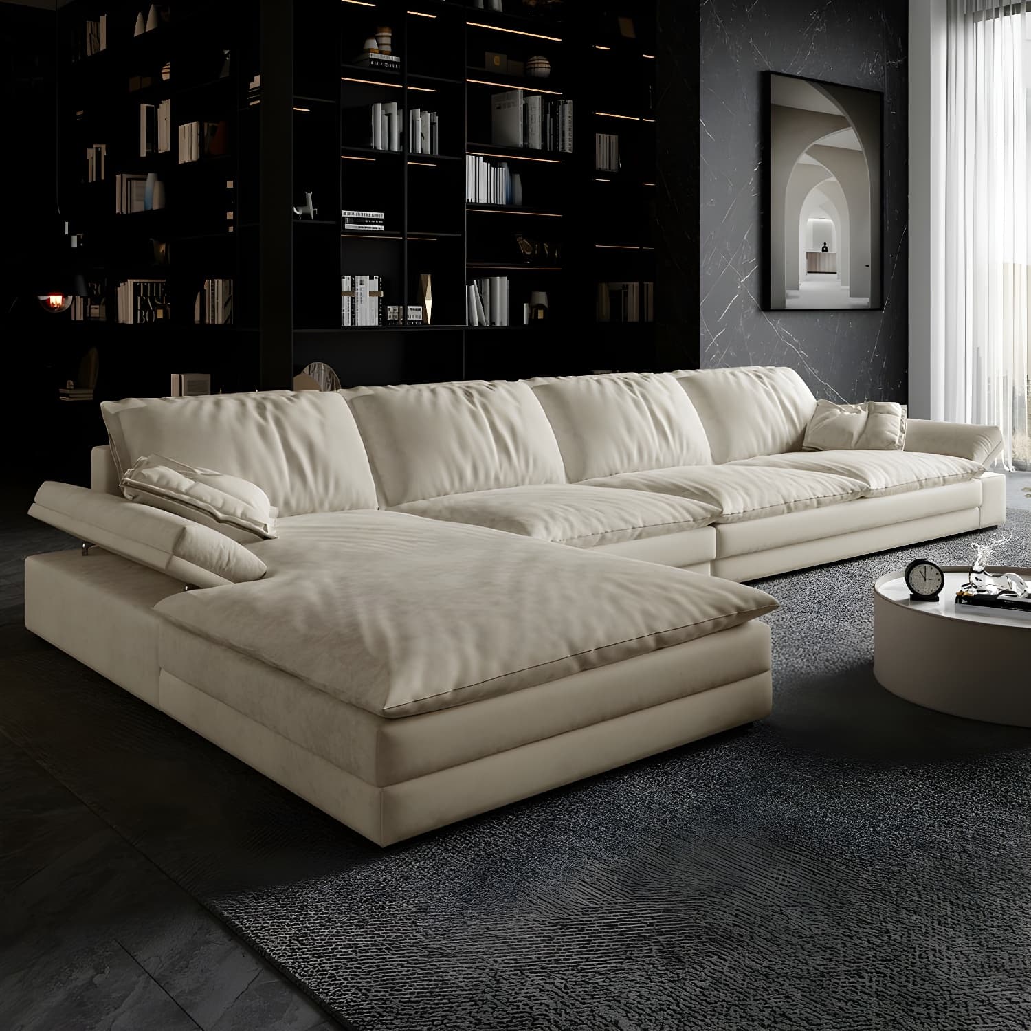 Beige Stationary Modern Sectional Sofa with Pillow Top Arm and Cushion Back