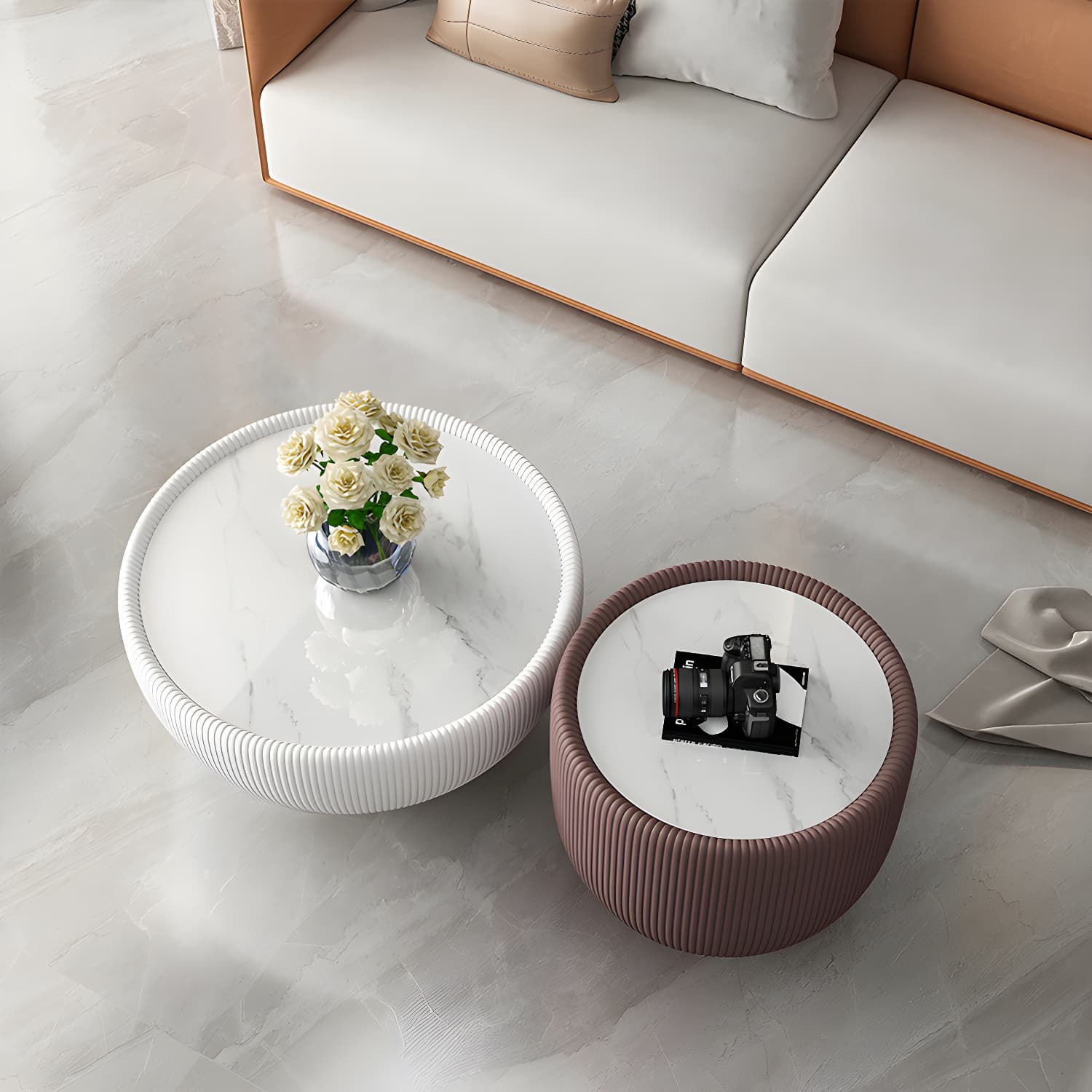 Square Block Base Cocktail Table Rock Plate Desktop Round Coffee Table with Metal Base - image 12