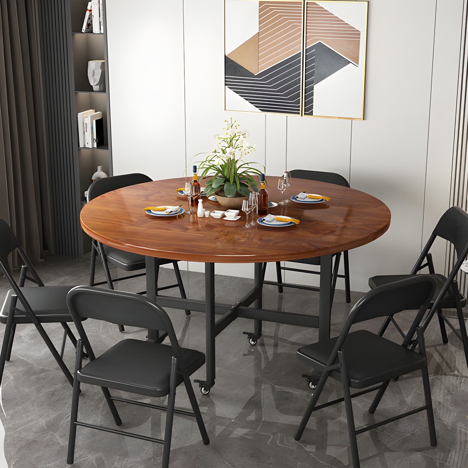 Modern Foldable Dining Table Round Wood Tabletop with Metal Legs - image 8