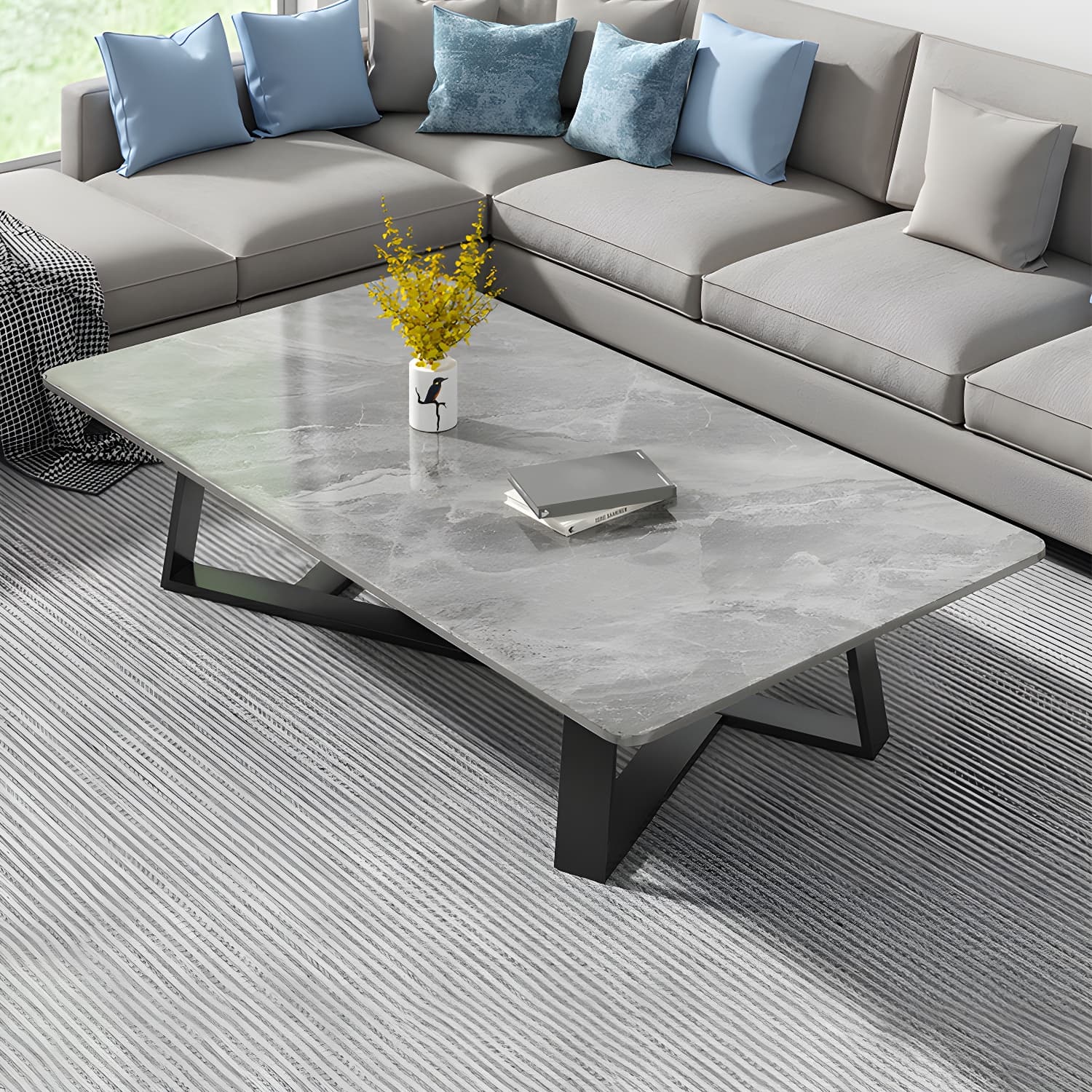 Stone and Metal Coffee Table Contemporary Coffee or End Table with Cross Legs - image 14