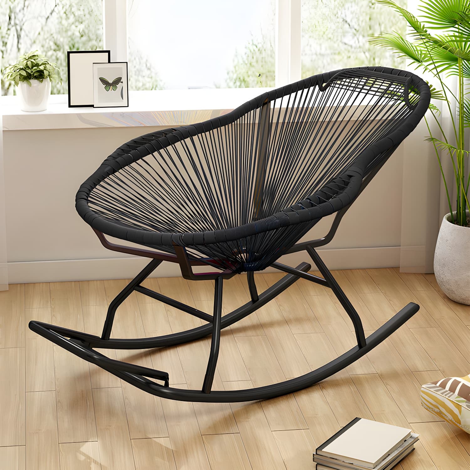 Rocking Accent Chair Wicker Contemporary Living Room Spindle Metal