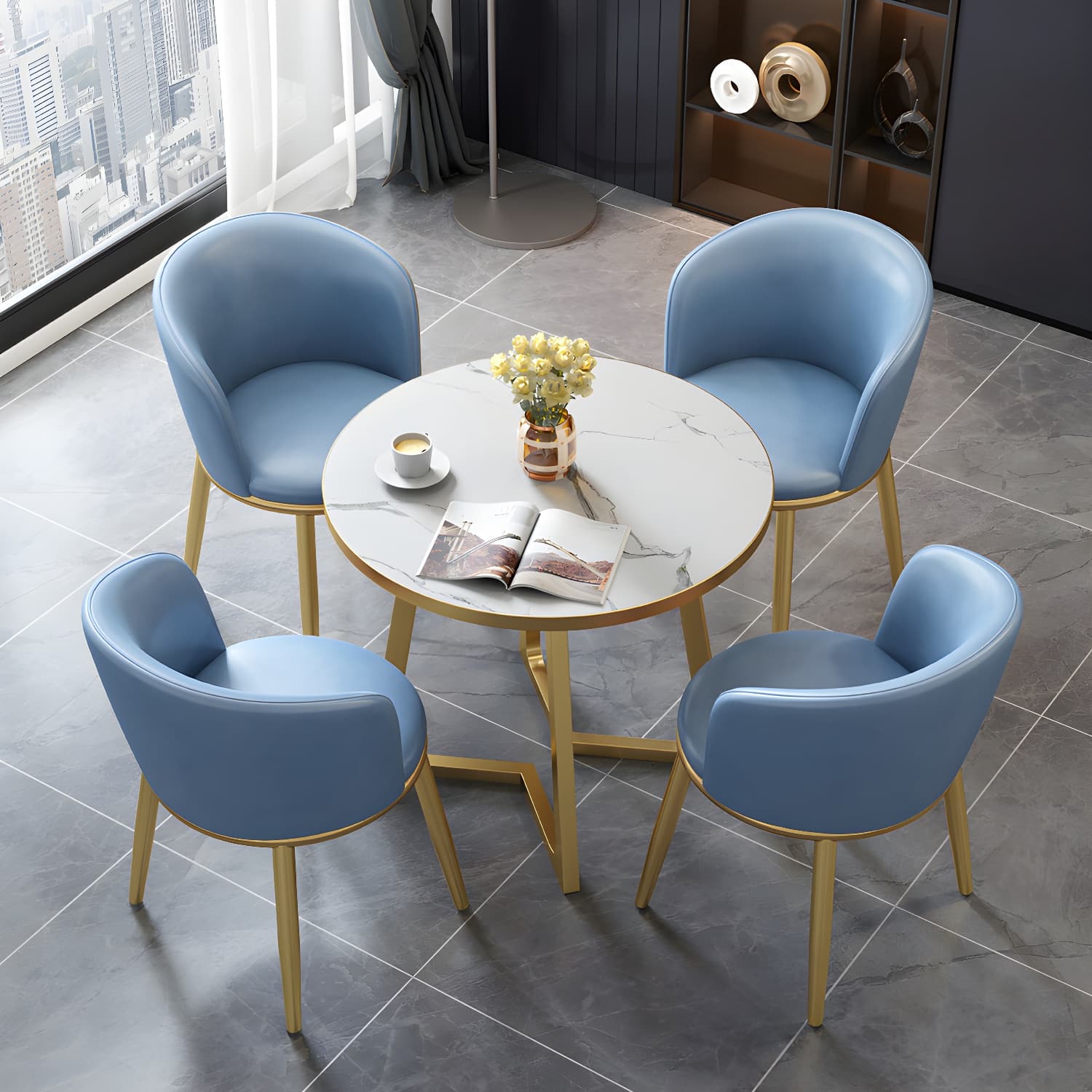 5 Piece Round Shape Wood Top Dining Room Chair and Table Set - image 6