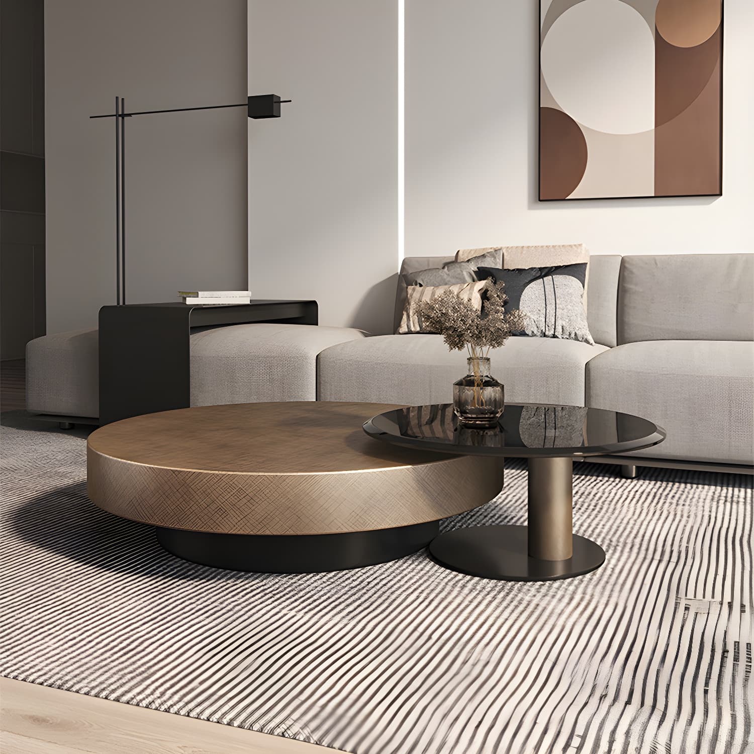 Round Coffee Table Brown Nesting Coffee Table Set for Living Room