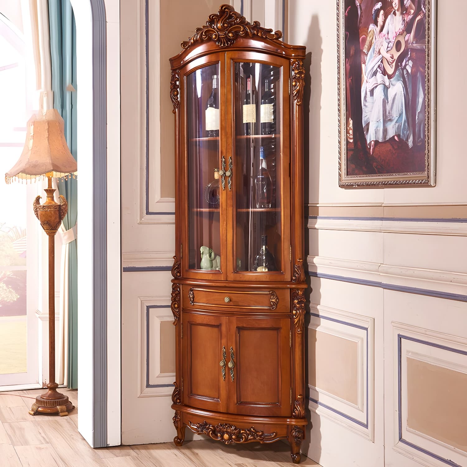 Victorian Solid Wood Triangle Accent Cabinet Glass Paned Cabriole Legs - image 4