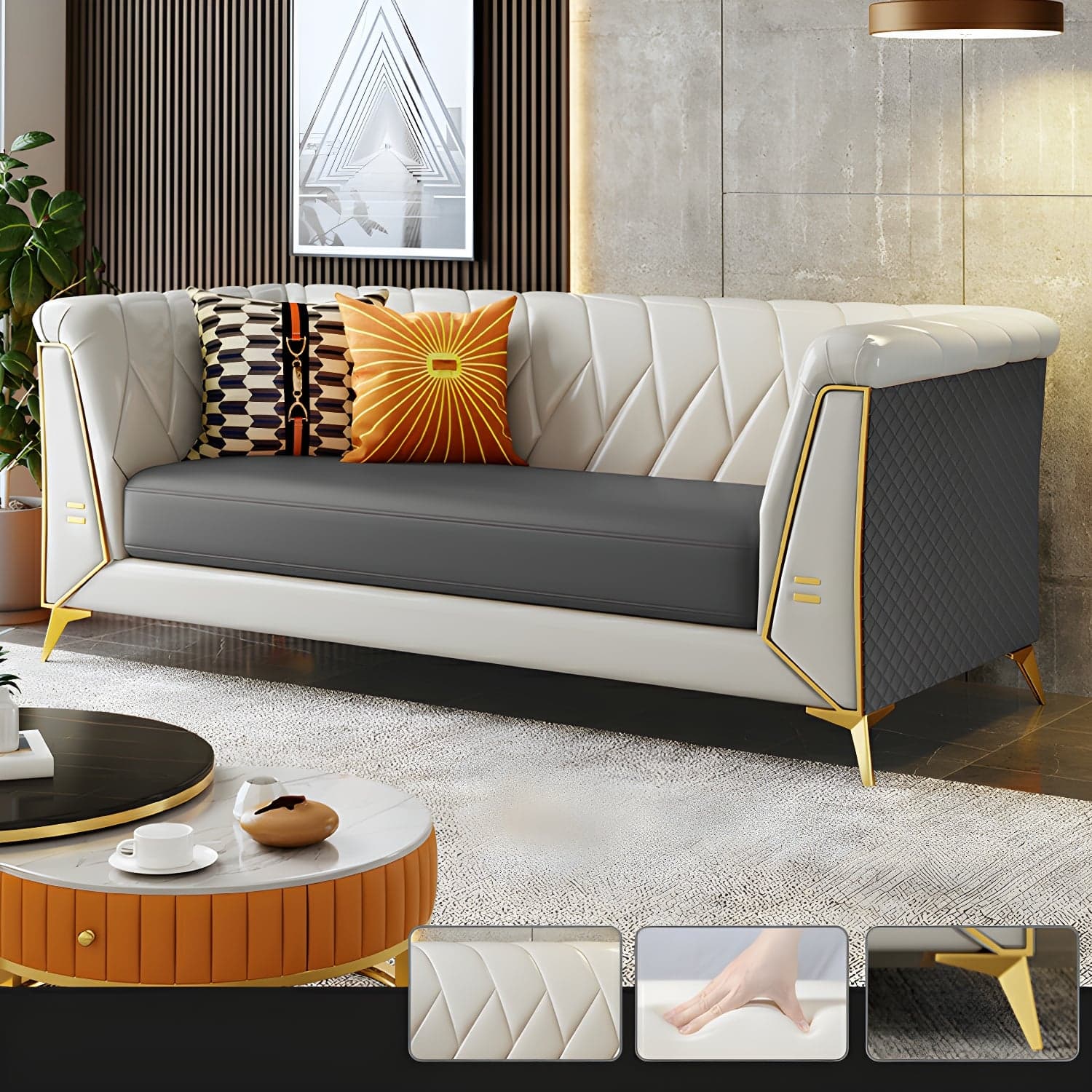 Glam Faux Leather Standard Sofa with Tuxedo Arms in Solid Color