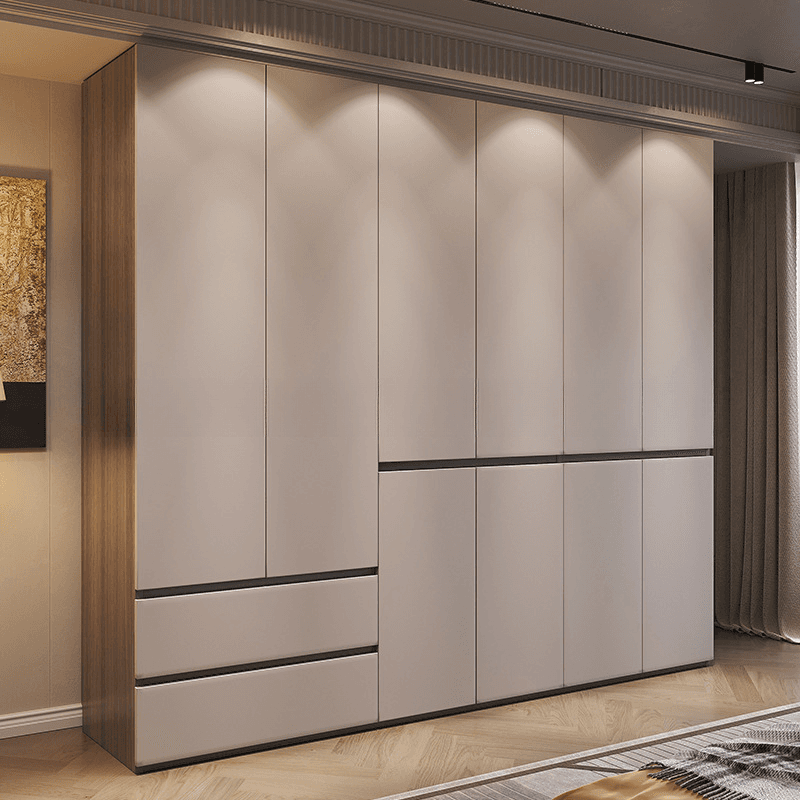 Sand Minimalist Laminate Cabinet Armoire with Soft Close Drawer, Soft Close Door, Interior Shelves, and Clothing Rod