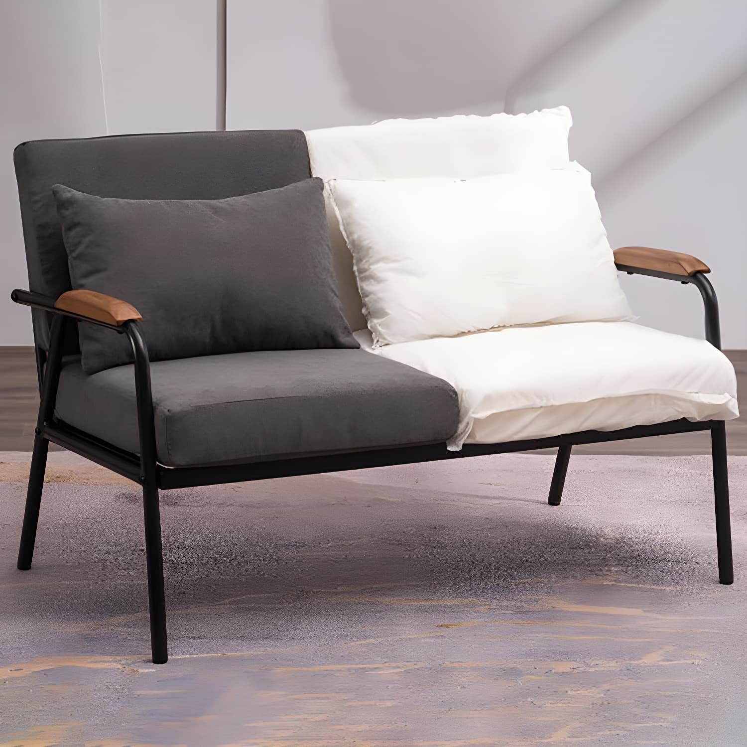 Black Industrial Linen Sofa with Bolster Pillows 29.53"High Square Arm Sofa - image 15