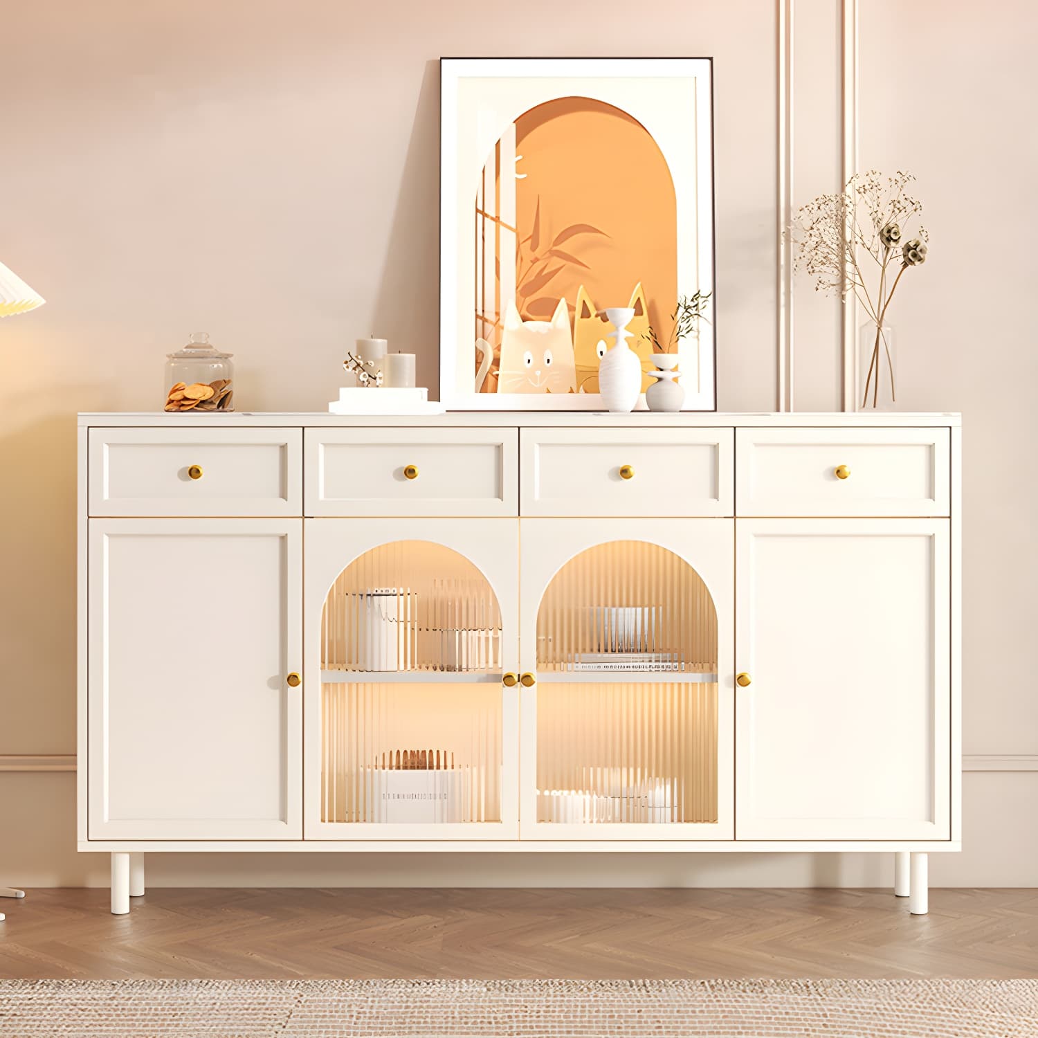 Wooden Buffet Server with Stone Countertop, Glass Doors, and Drawers - image 7