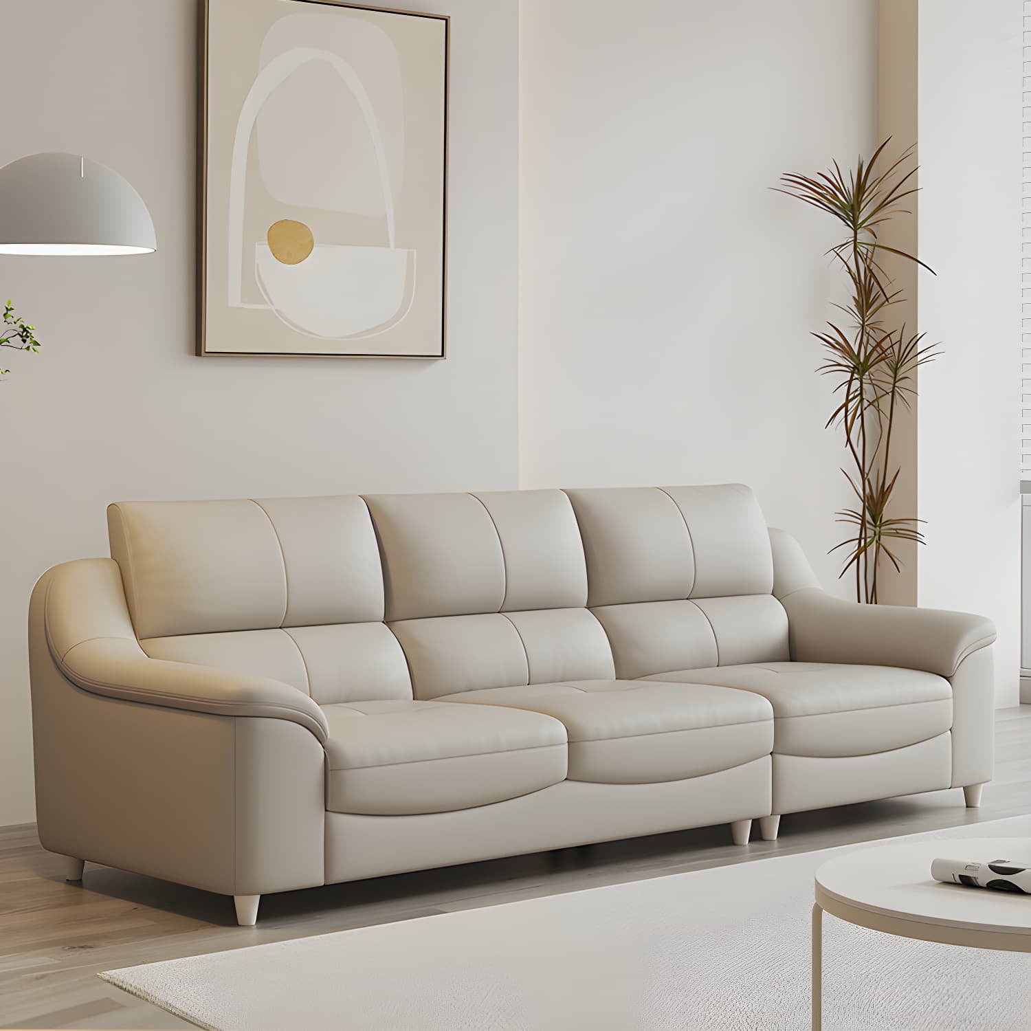 Beige Genuine Leather Modern Stationary Sectional Sofa with Wood Frame