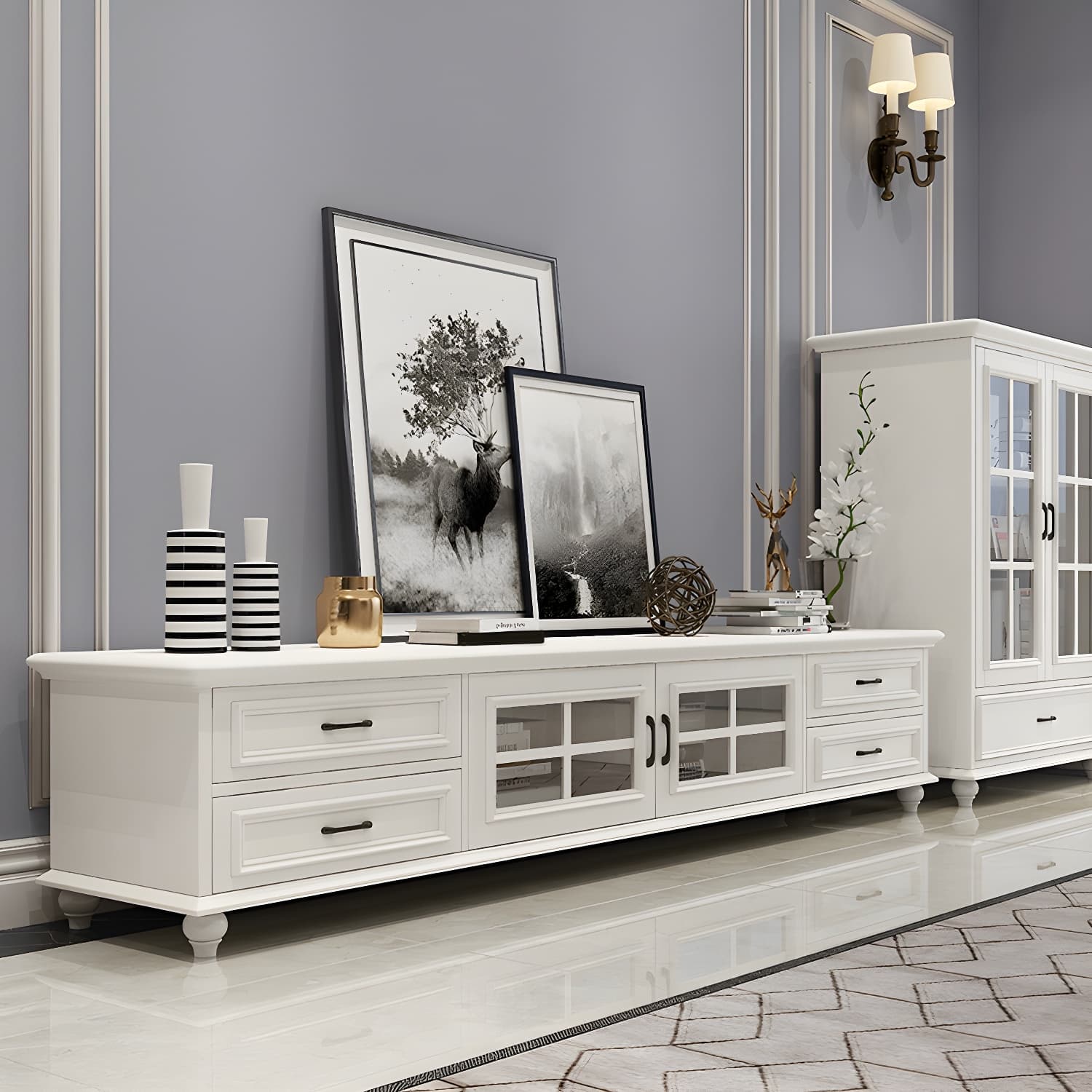 Modern Wood TV Stand with Drawers, Shelves, and Legs - Low Height - Cable Management - image 4