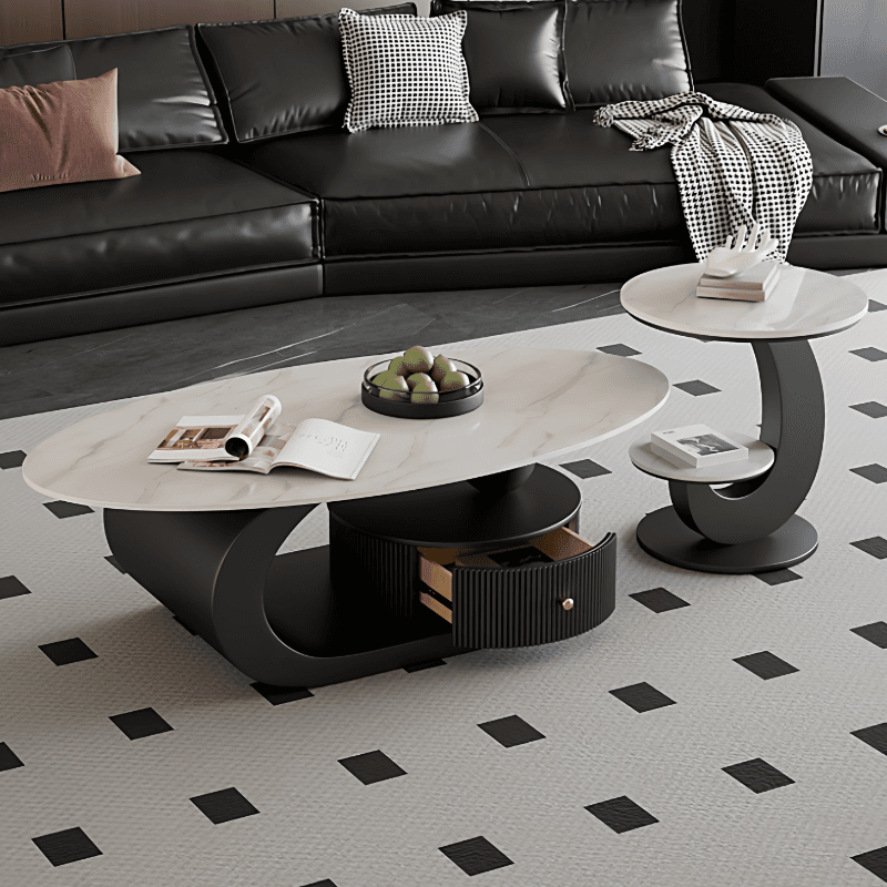 Modern Farmhouse Bunching/Single Coffee Table with Chalk Oval Slate Top, Plinth Base, and 1 Drawer - image 4