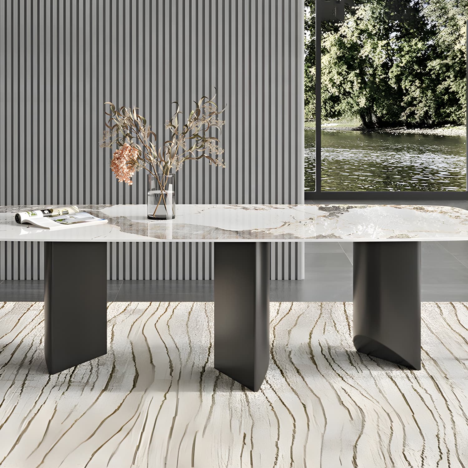 Rectangle Dining Table Sintered Stone Top Modern White Table with Black Legs - image 13