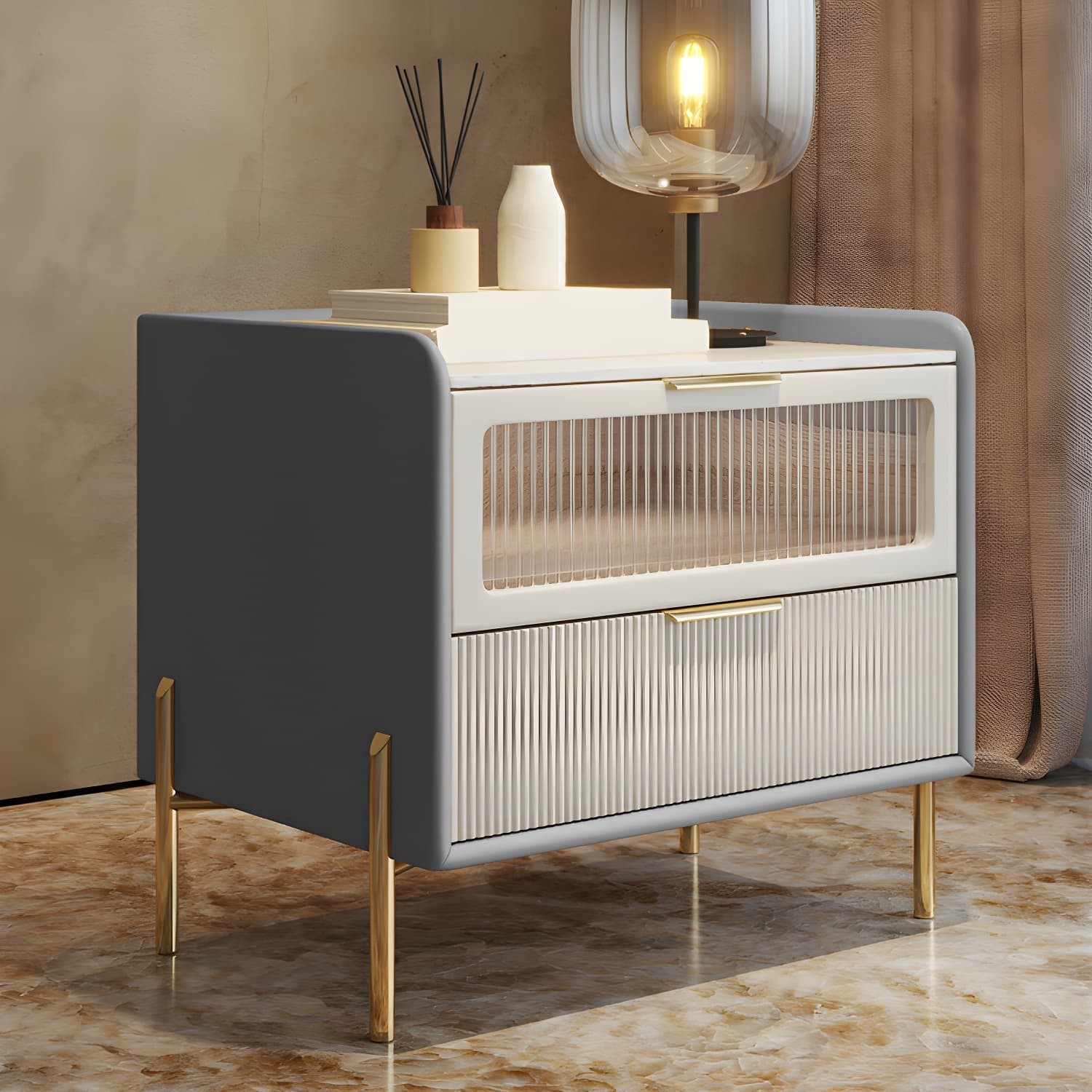 Glam 4 Gold Legs Storage Drawer Nightstand with Glass Drawer Door - image 3
