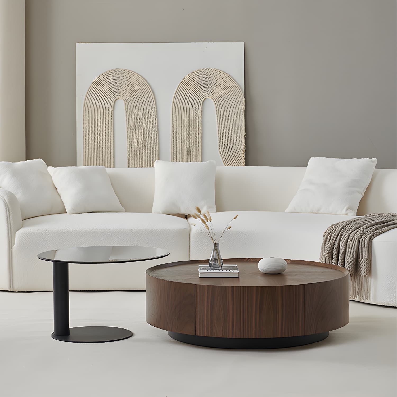 Round Wood Cocktail Table Set with 2 Drawers Modern Walnut Coffee Table