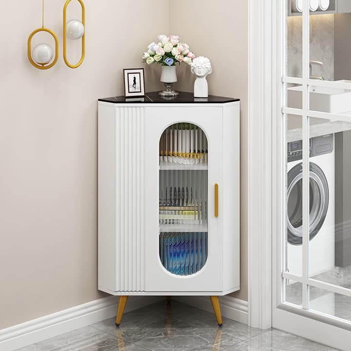 Elegant Corner Modern Accent Cabinet with Glass Doors and Metal Base