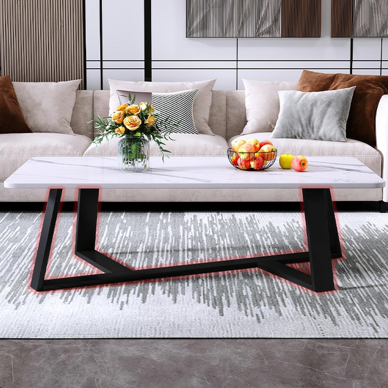 Black Iron Base Stone Top Modern Coffee Table with Cross Legs - image 7