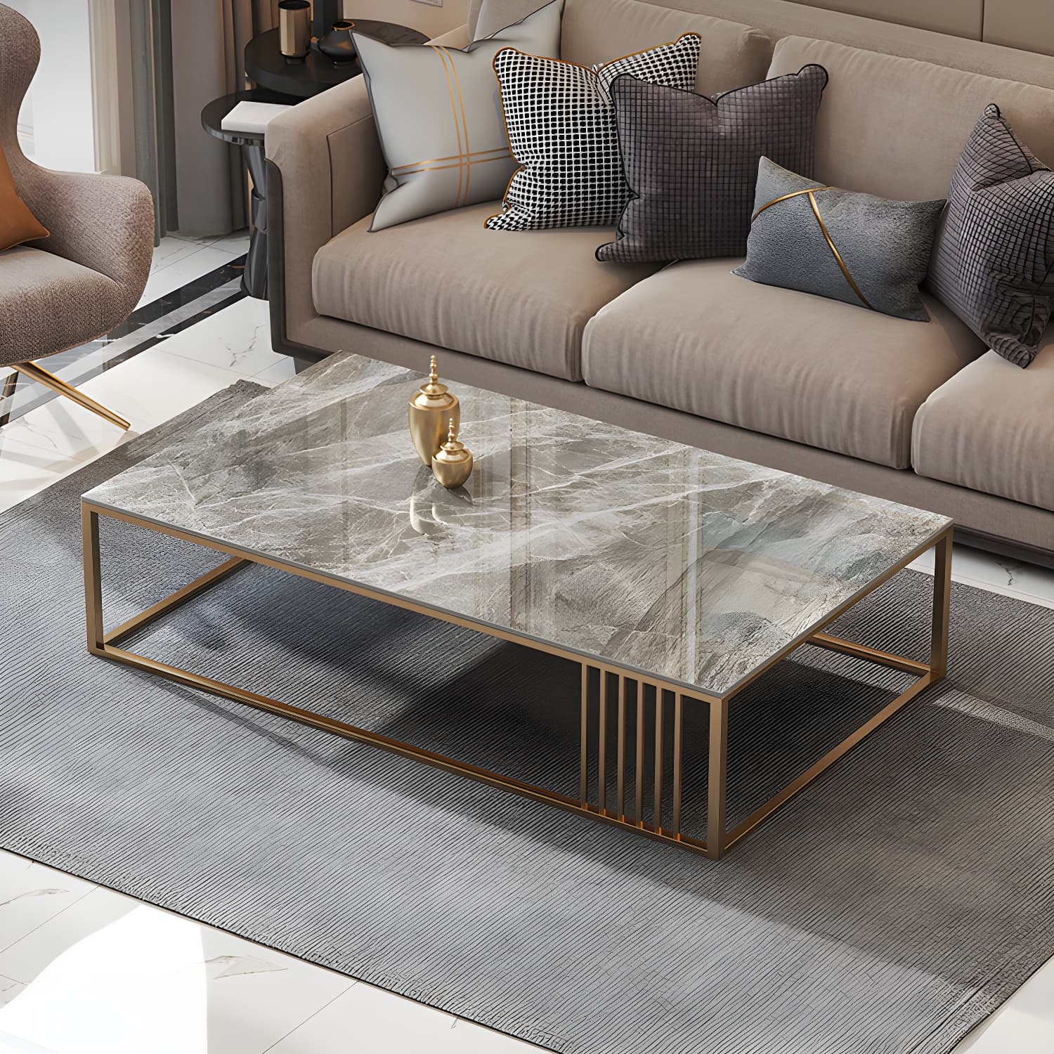 Glam Style Gold Iron Frame Coffee Table Gray Slate Table Top Coffee - image 4