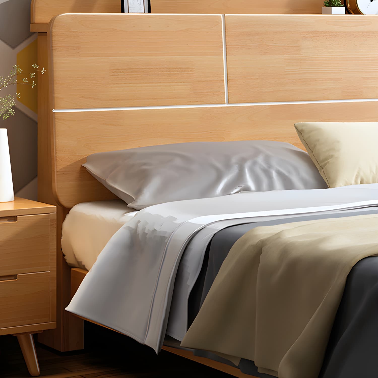 Scandinavian Solid Wood Bed with Headboard 39.37" Tall Standard Bed - image 9