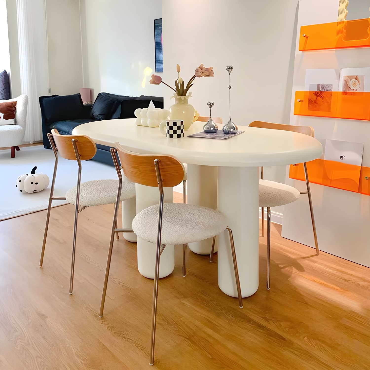 Scandinavian Wooden Oval and Round Dinner Table in White for Dining Room