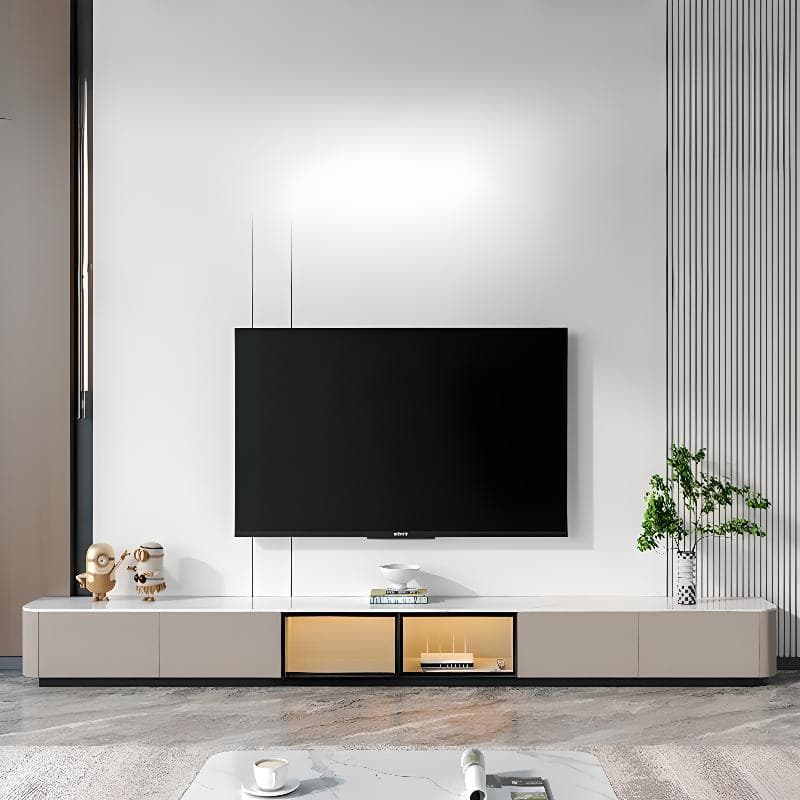 Modern White Stone Top TV Stand with Storage and Cable Management
