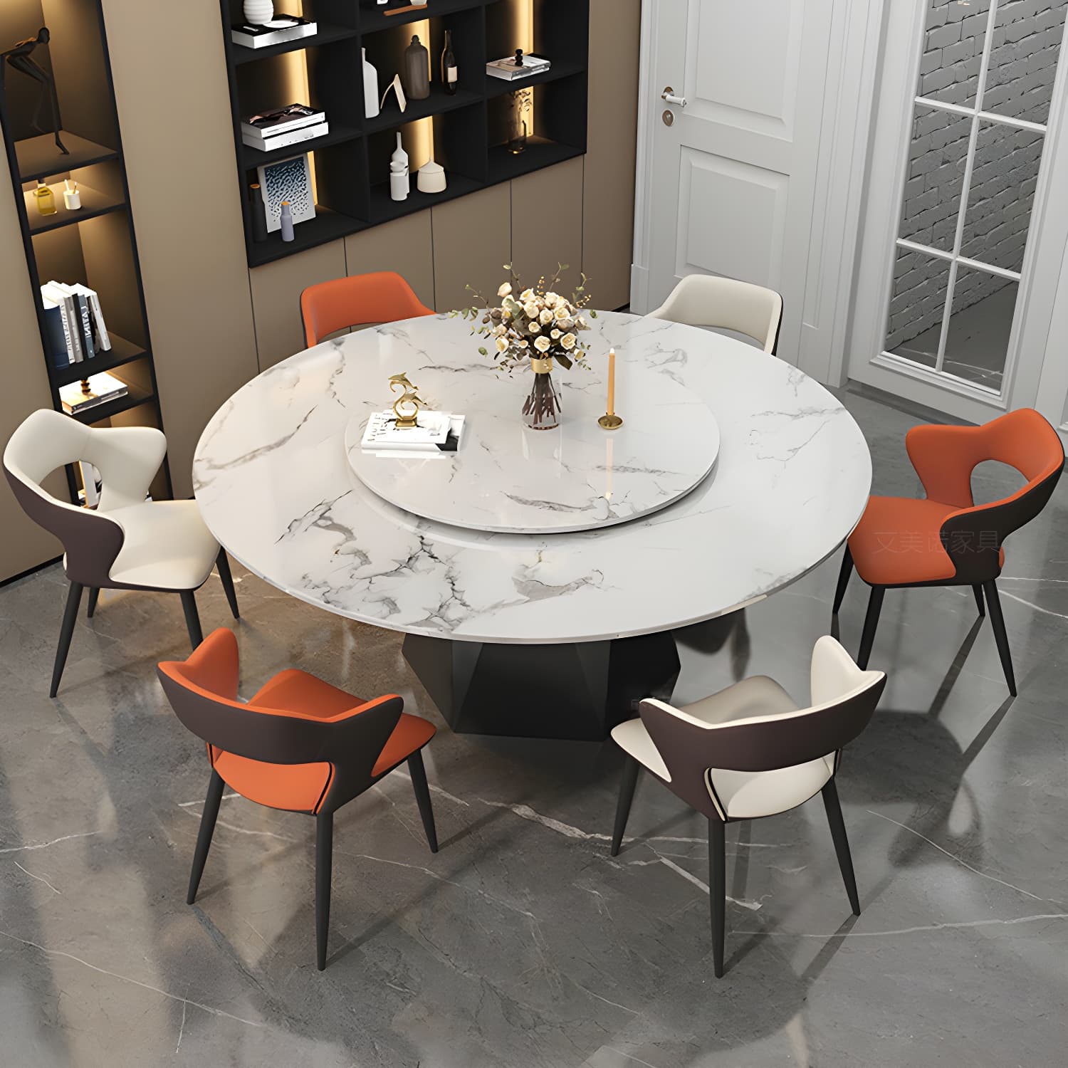 Round White Marble Modern Dining Table with Black Steel Pedestal Base and Convenient Lazy Susan - image 10