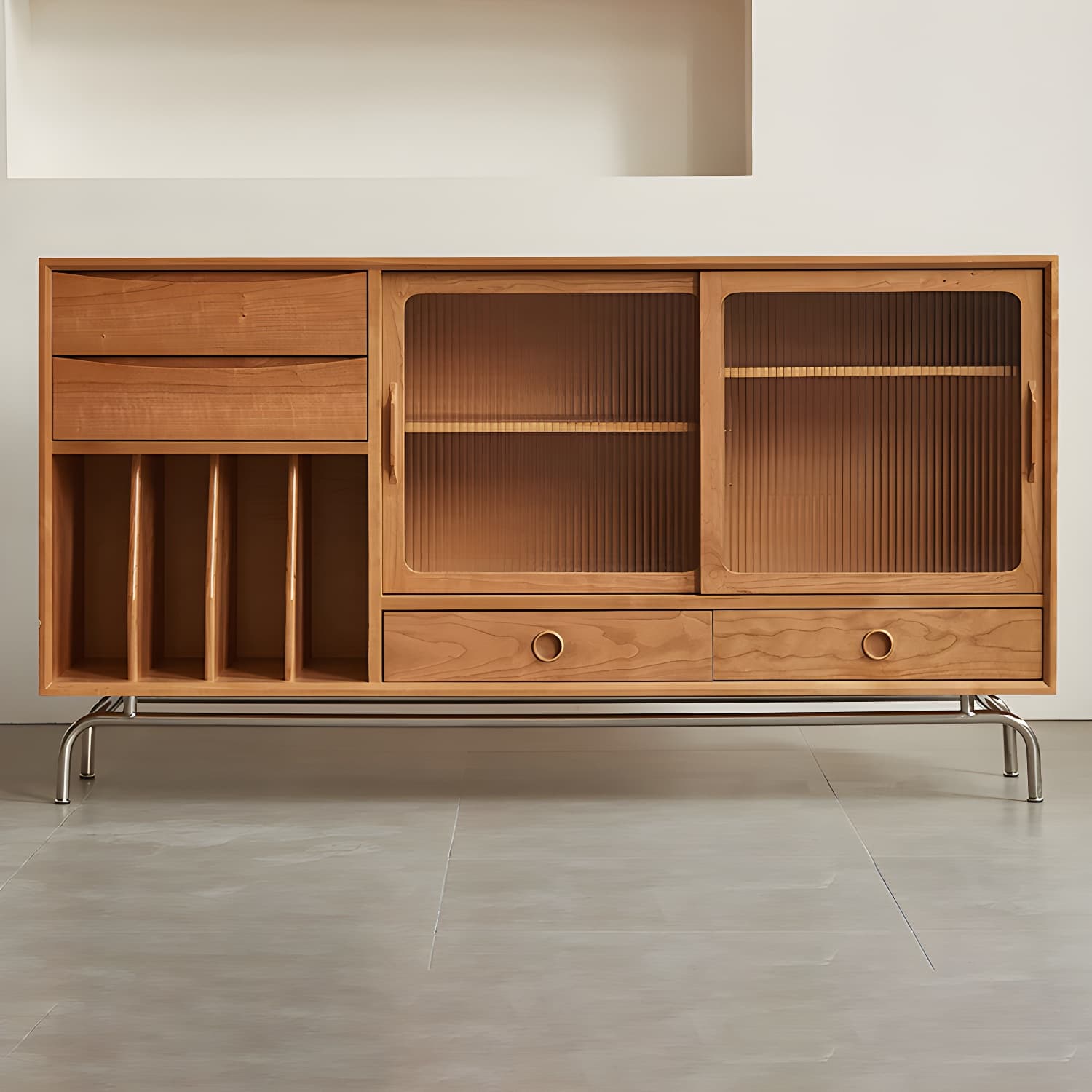 Solid Wood Sideboard Table Natural Adjustable Shelves Credenza with Glass Door - image 3