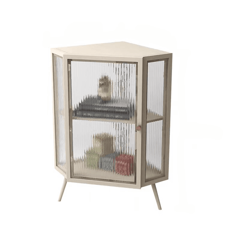 Contemporary Corner Utility Cabinet with 1 Cabinet, Iron Countertop, Glass Door, Pull Knobs, and Black/White/Off White Top