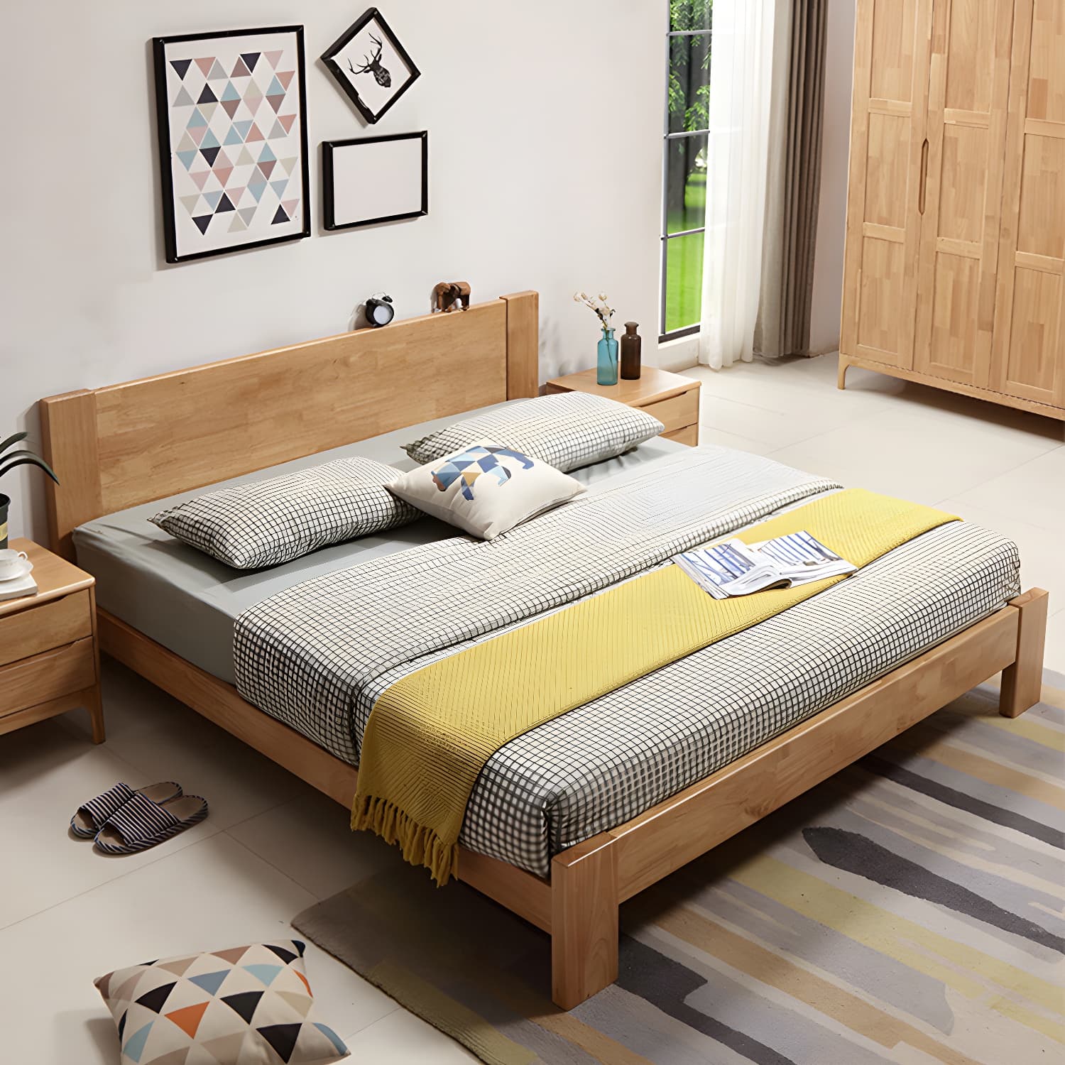 Modern Solid Color Panel Bed Rubberwood Standard Bed with Headboard - image 11