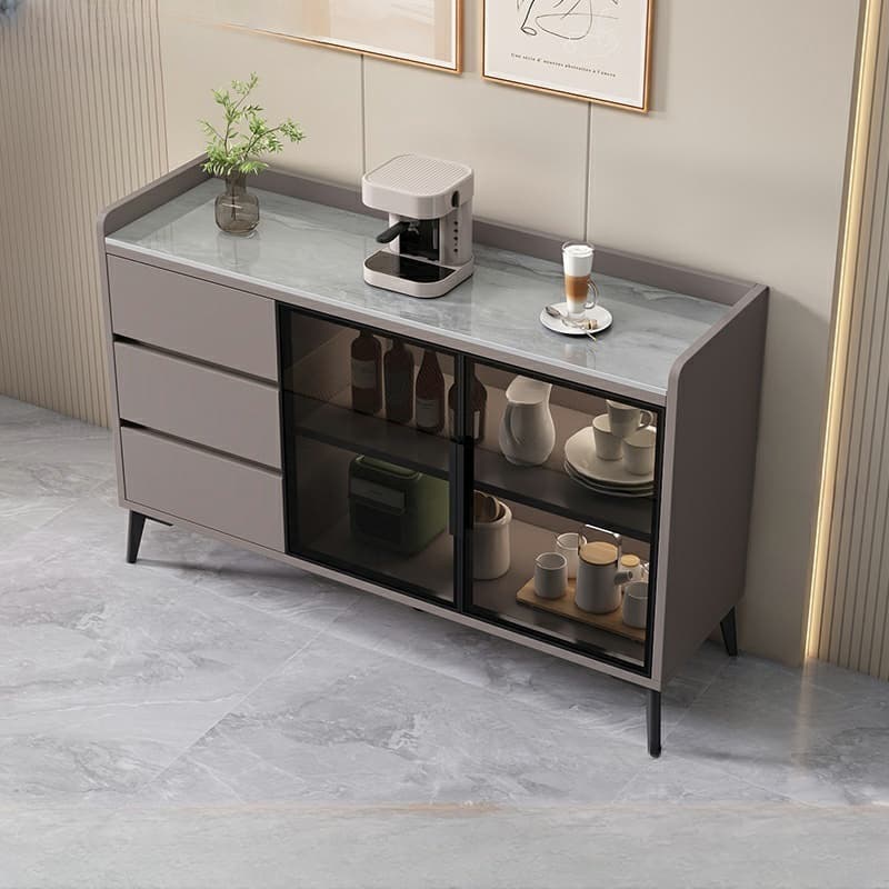 Stone Top Modern Wood Sideboard Credenza with 3 Drawers and Glass Doors - image 3