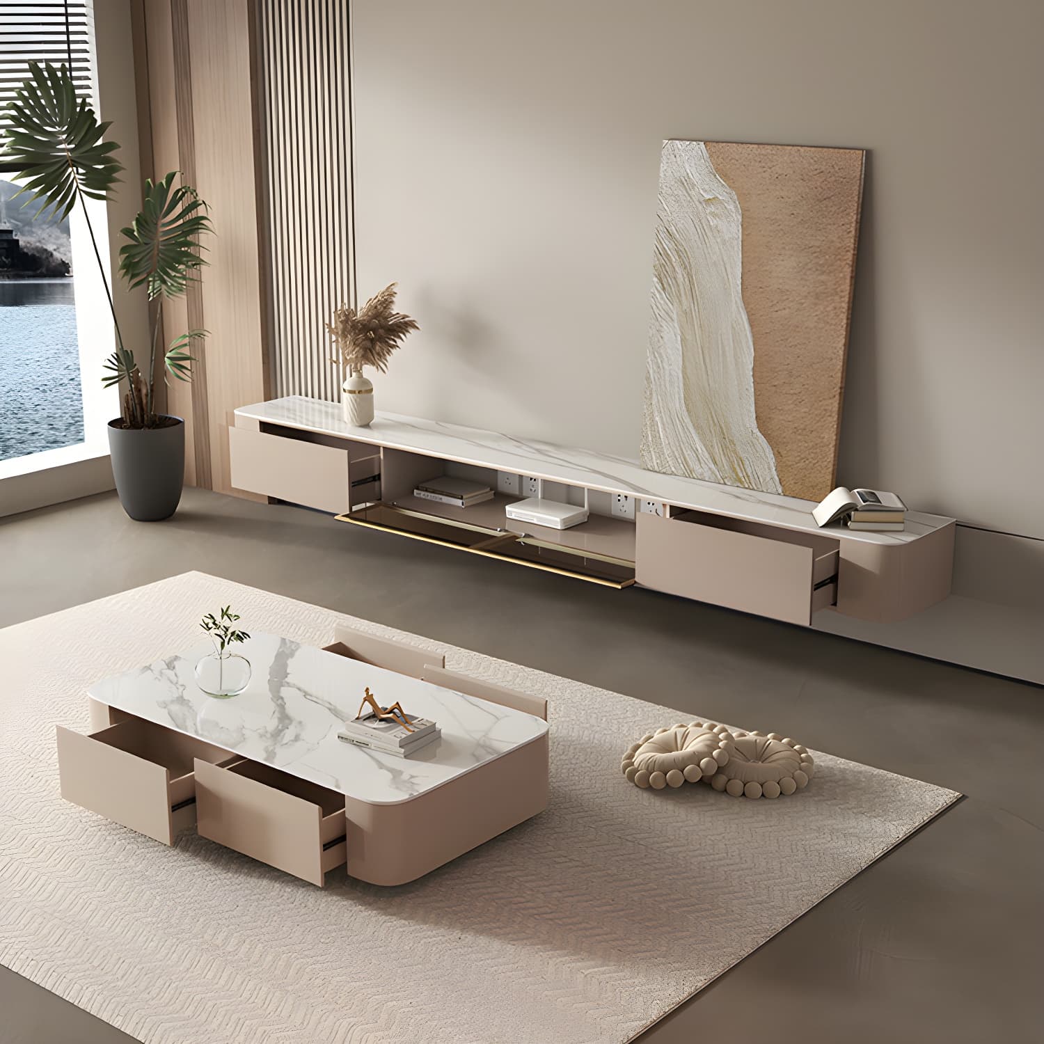 Brown Modern TV Stand with Floating Mount Design, Drawers, and Cable Management
