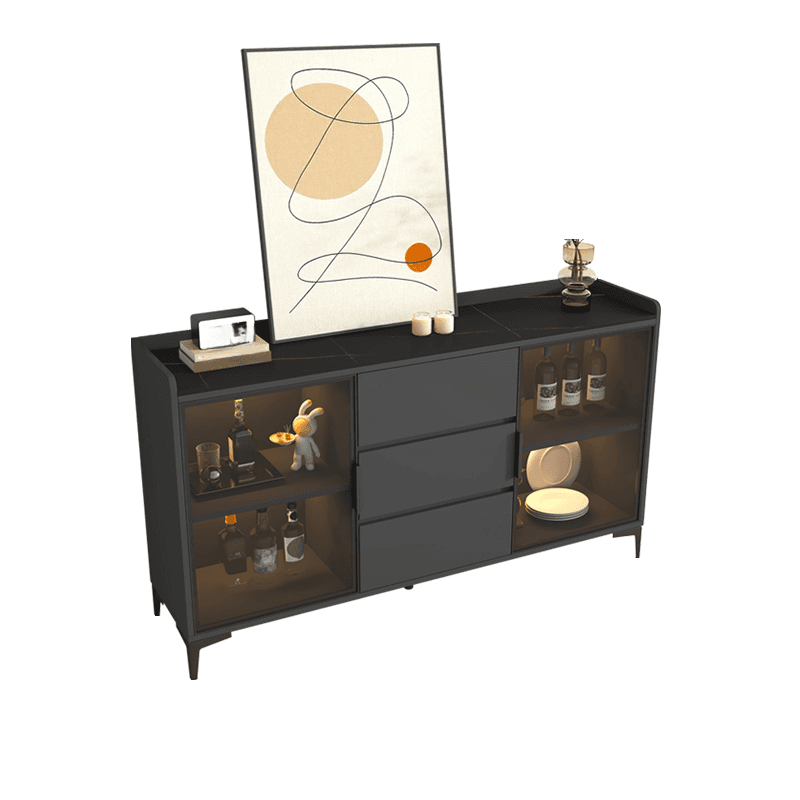 Ground Buffet Table/Server with Stone Countertop, Glass Doors, and Flexible Shelf Storage Compartment