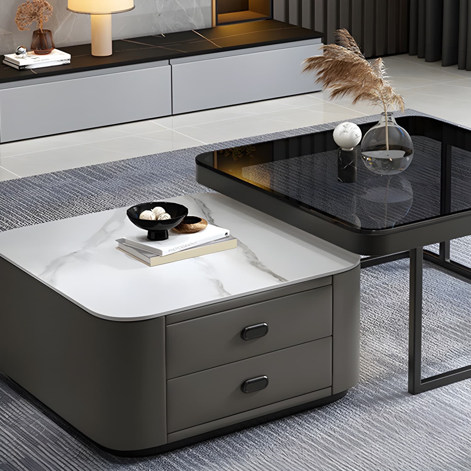 Square Coffee Table Glass Top 2 Nesting Coffee Table Set with Storage - image 15