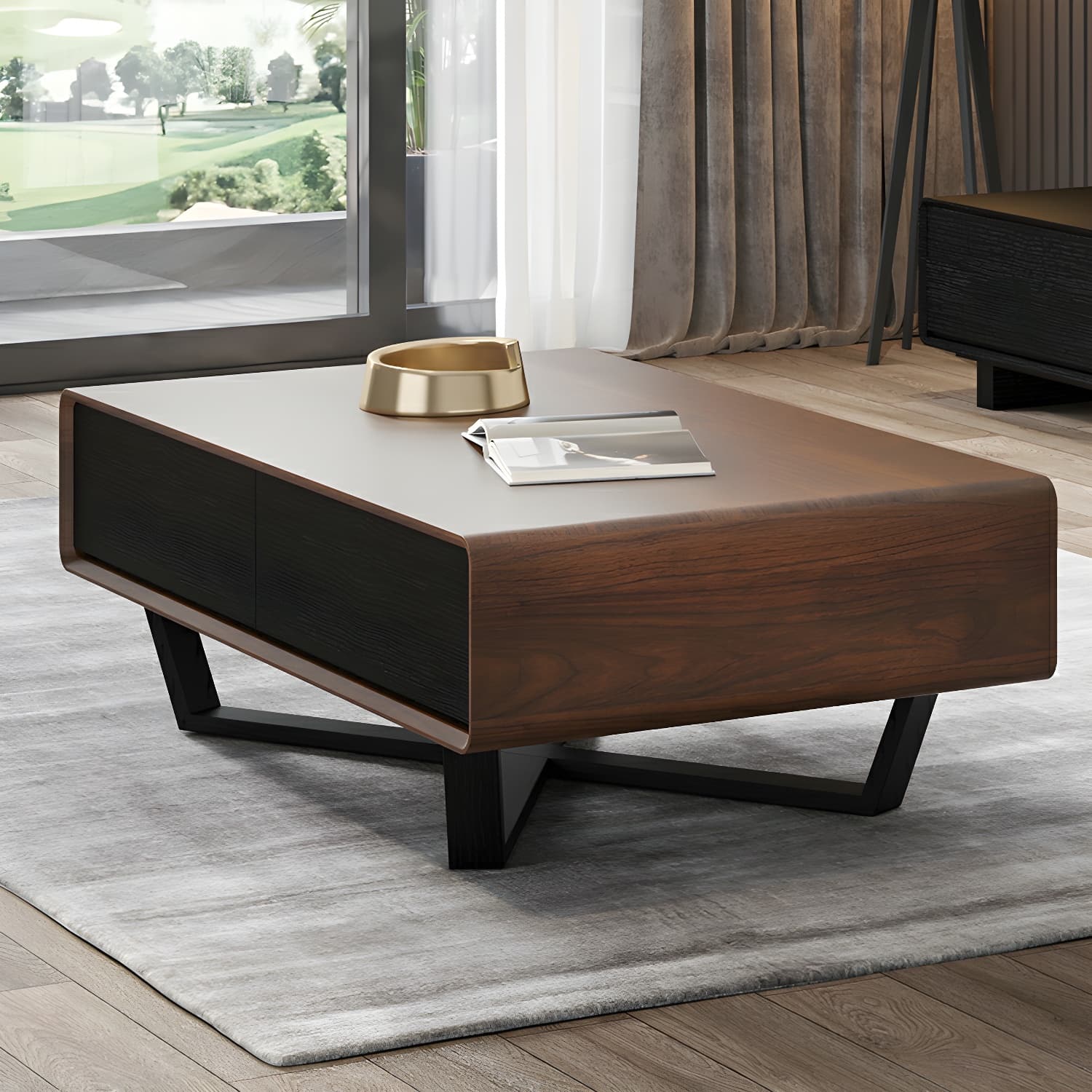 Rectangular Wood Modern Coffee Table with Black Metal Cross Legs and Storage Drawers - image 5