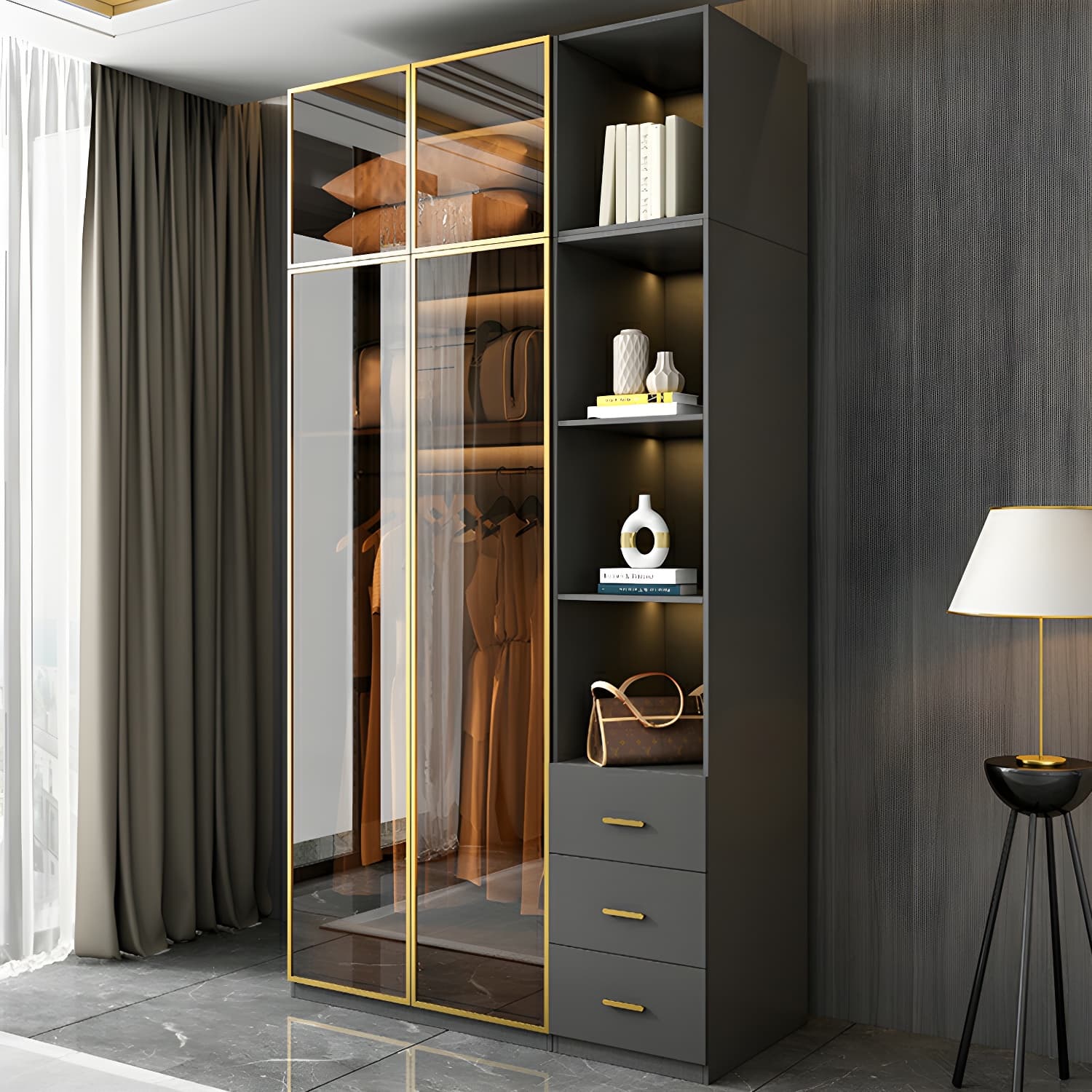Modern Black Wood Wardrobe Armoire with Soft-Close Drawers & Clothing Rod - image 4