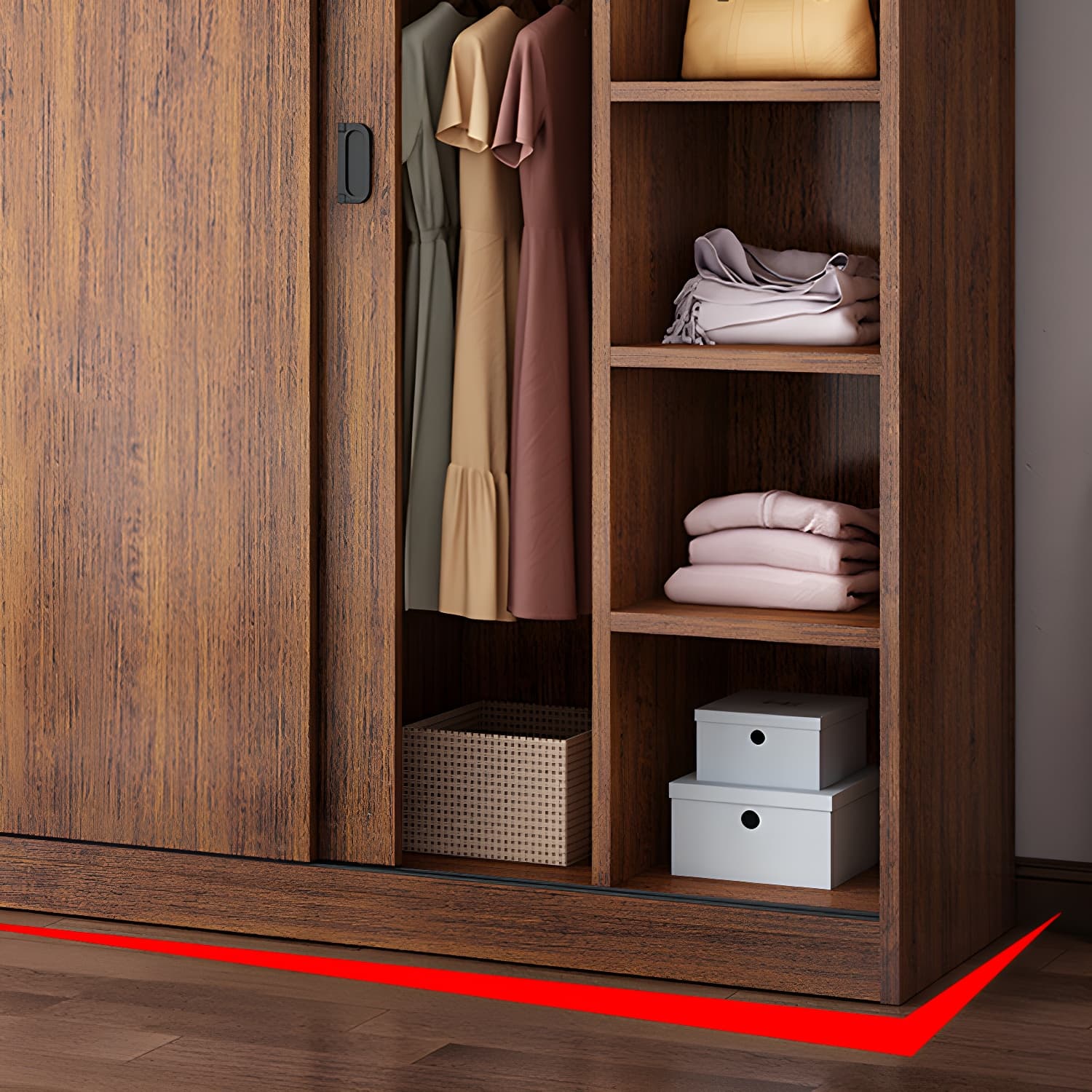 Non-Adjustable Traditional Brown Wood Wardrobe Armoire with Sliding Doors and Soft Close Drawers - image 9