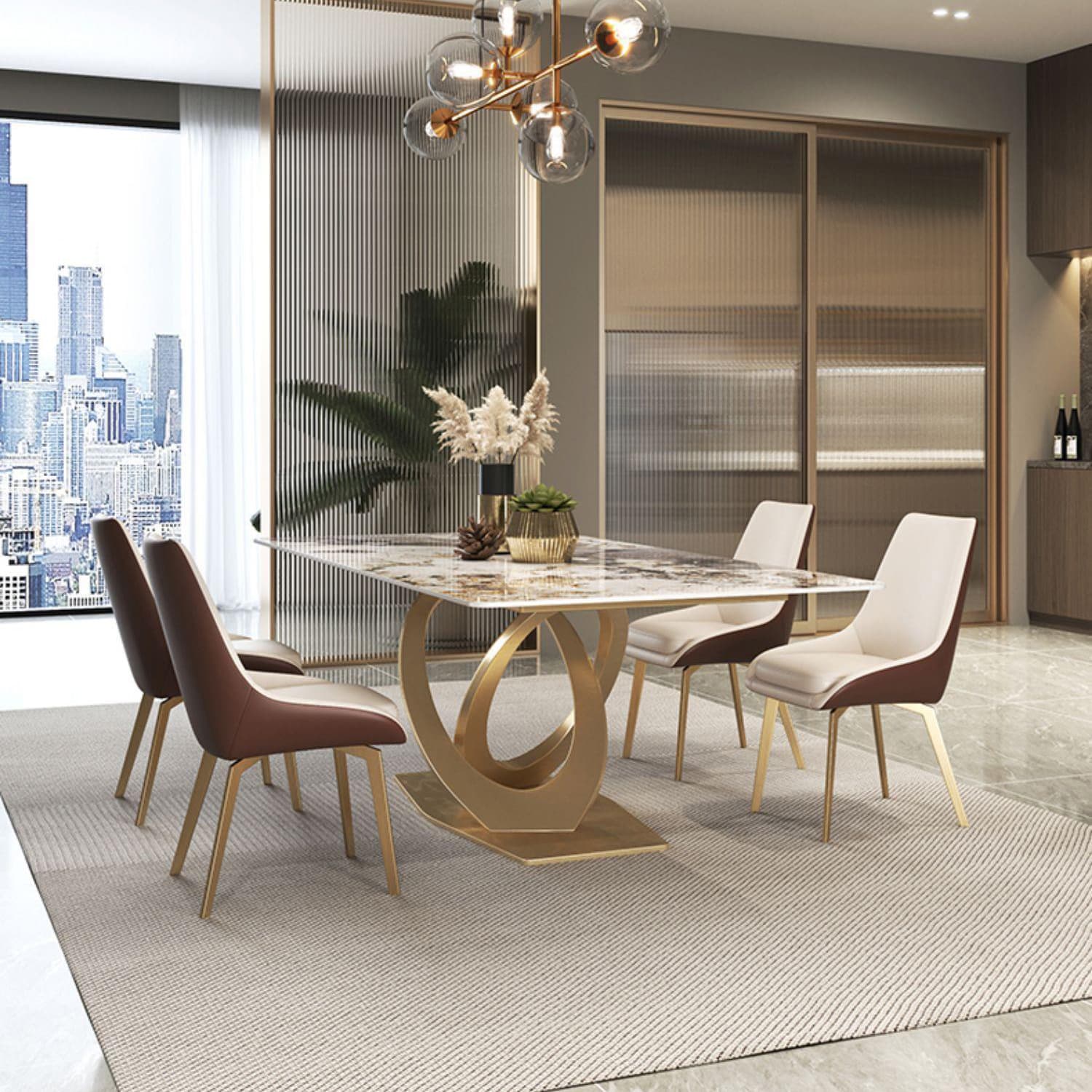 Glossy Beige Dining Table Set 1/2/5/7 Pcs Glam Dinette Set with Leather Chairs - image 3