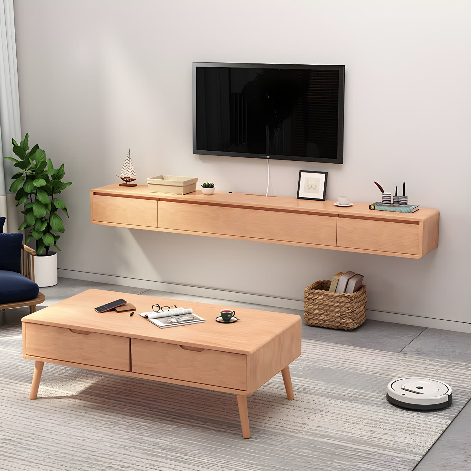 Nordic Wall-Mounted TV Console Solid Wood 2-Drawer Floating TV Stand Console - image 9