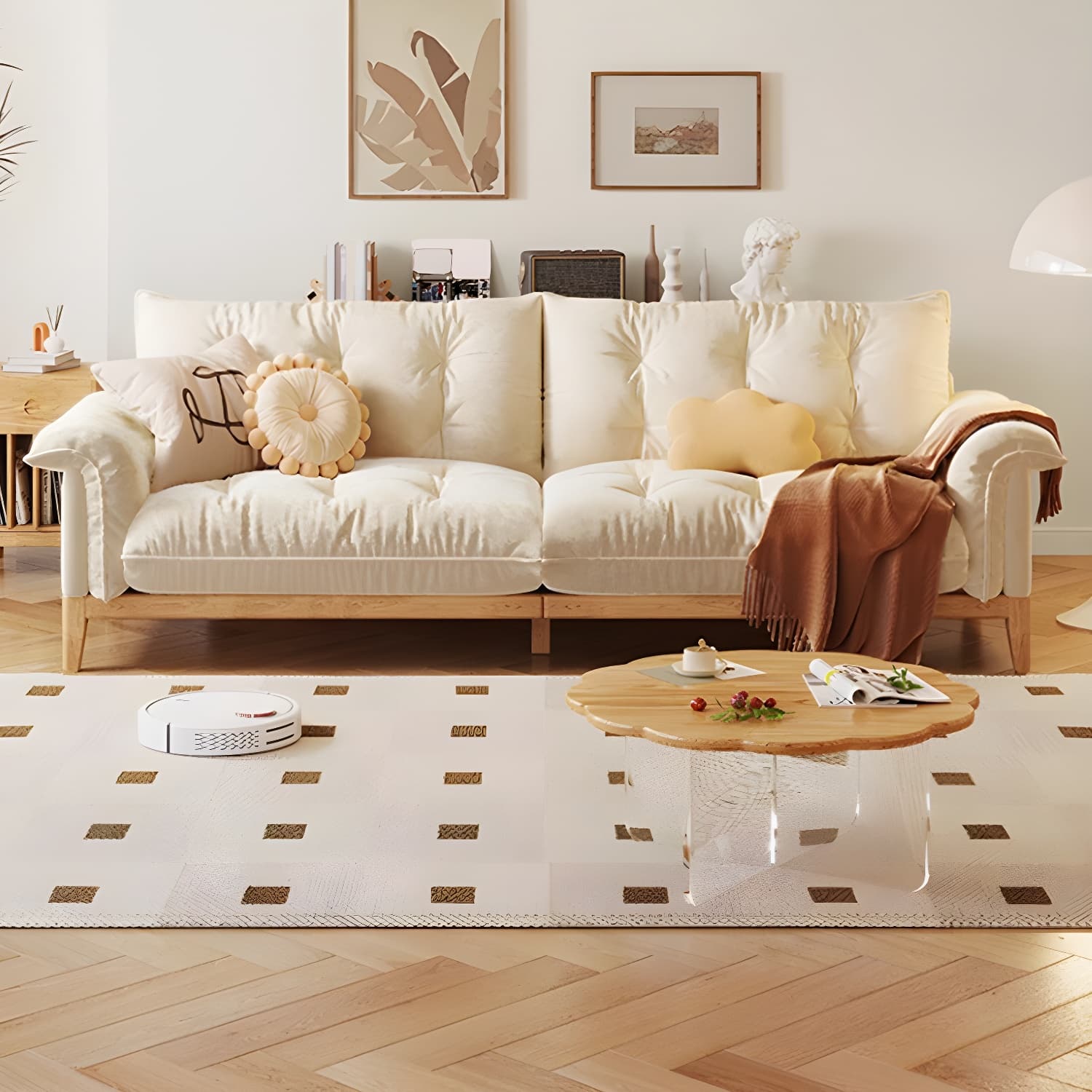 Beige Scandinavian Tufted Sectional Sofa with Wood Frame and Pillow Top Arm