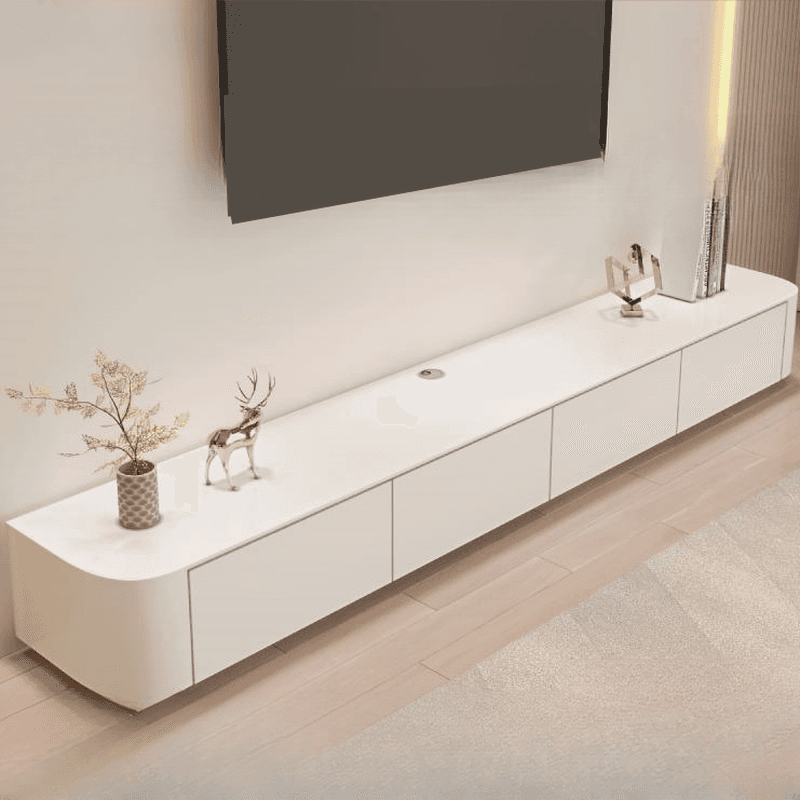 White TV Stand for Sleeping Quarters with Shelf, 2 Drawers, 2 Cabinets, Cable Management, and Gate Doors