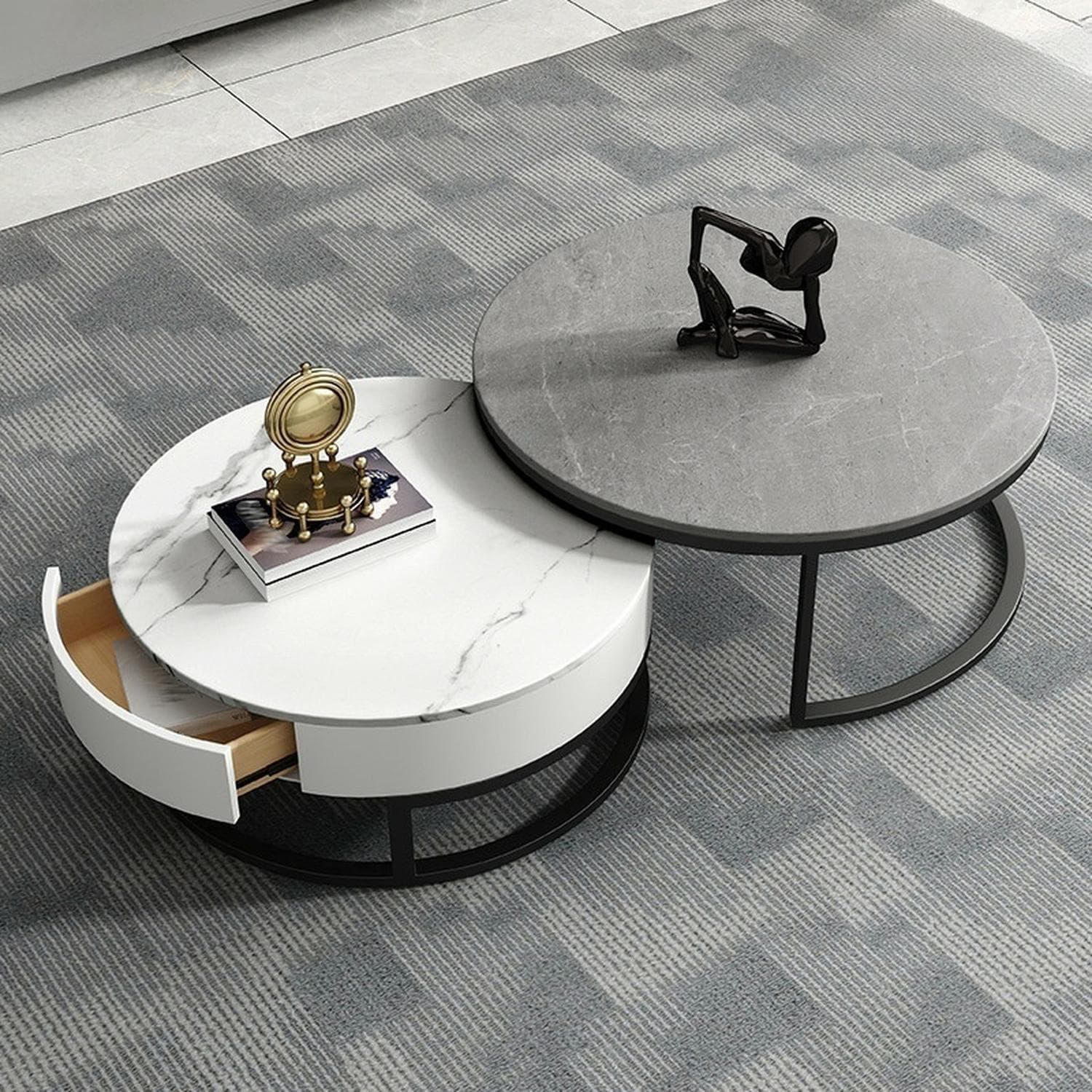 Modern Black Nesting Coffee Tables, 2 Set, Round Stone Top, Steel Frame with Storage - image 3