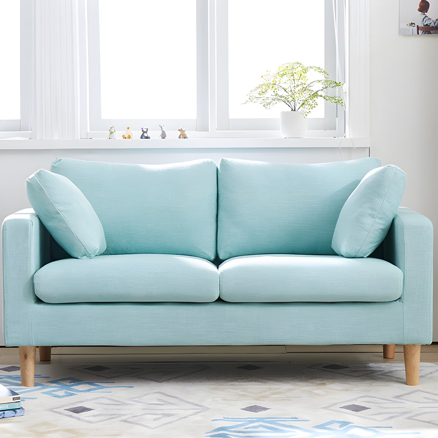 Contemporary Square Arm Couch Faux Leather Loveseat with Pillows - image 9